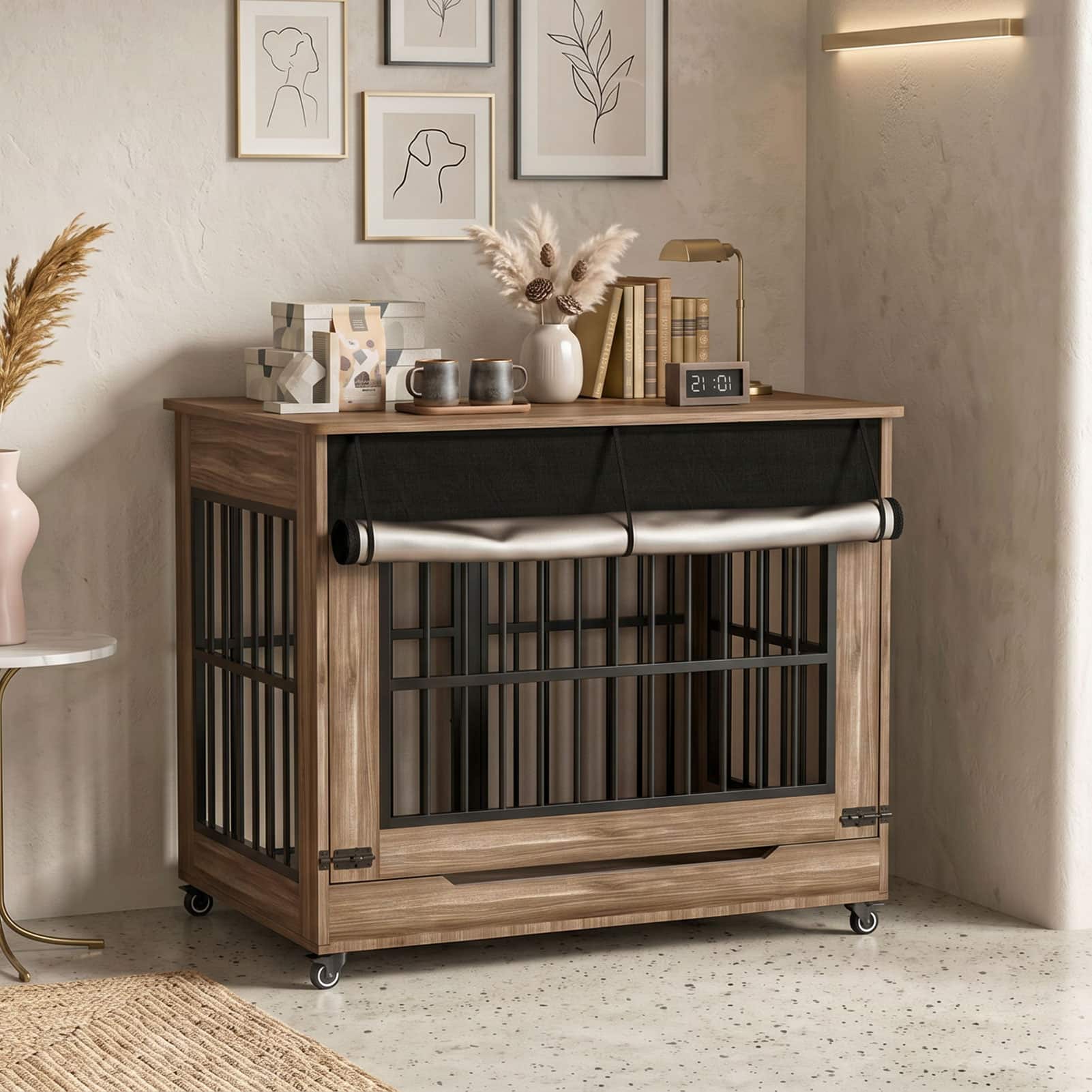 "Anysun - 42"" Wooden Dog Crate Furniture, Double Door Indoor Kennel, Decorative Pet Cage End Table w/ Wheels, for Large Dogs" price history on PriceWatchPro