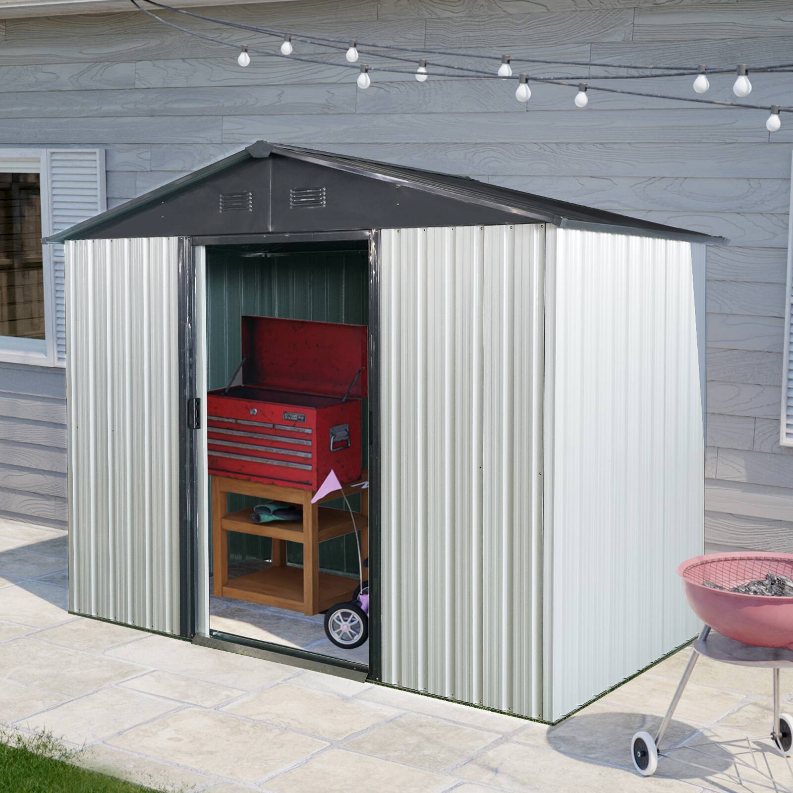 Left. Mondawe - 8ft x 4ft Outdoor Metal Storage Shed with Sliding Door and foundation - White+Black.