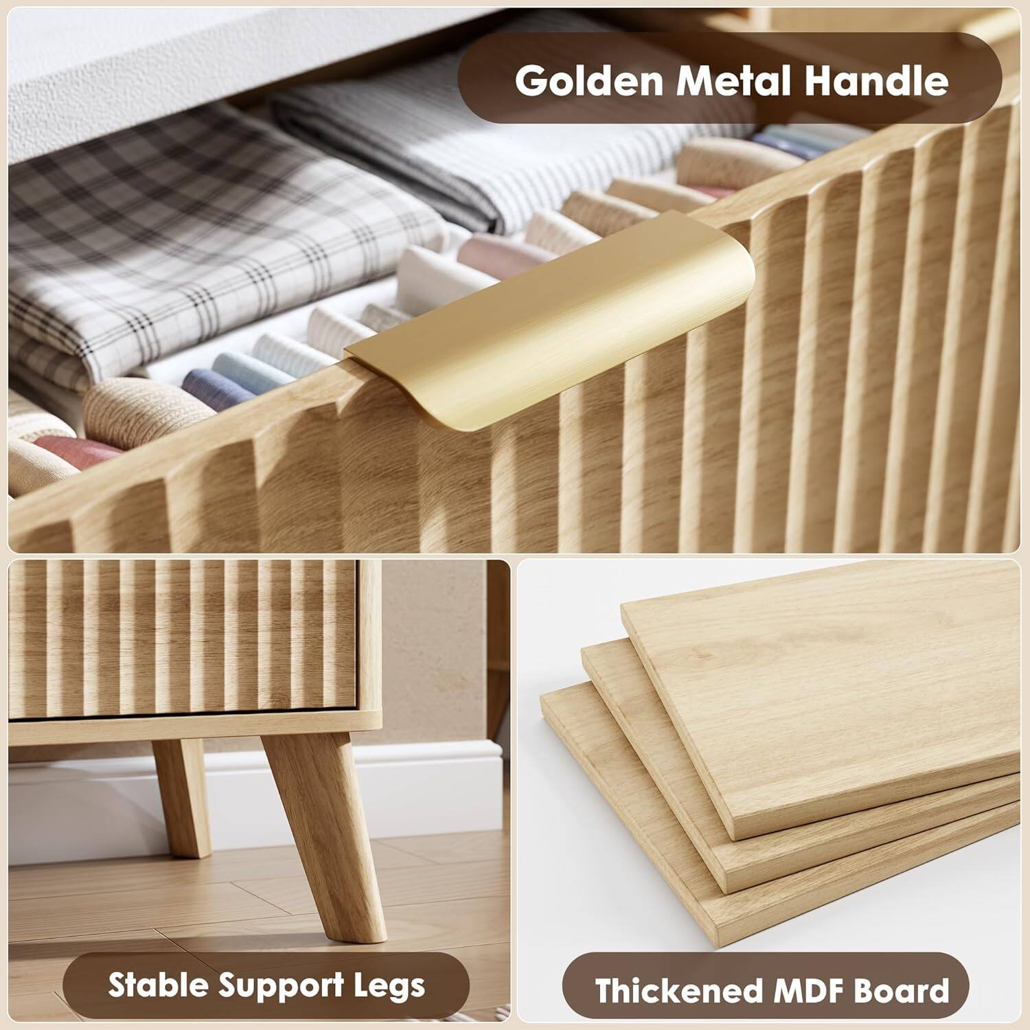 Golden Metal Handle  
Stable Support Legs  
Thickened MDF Board