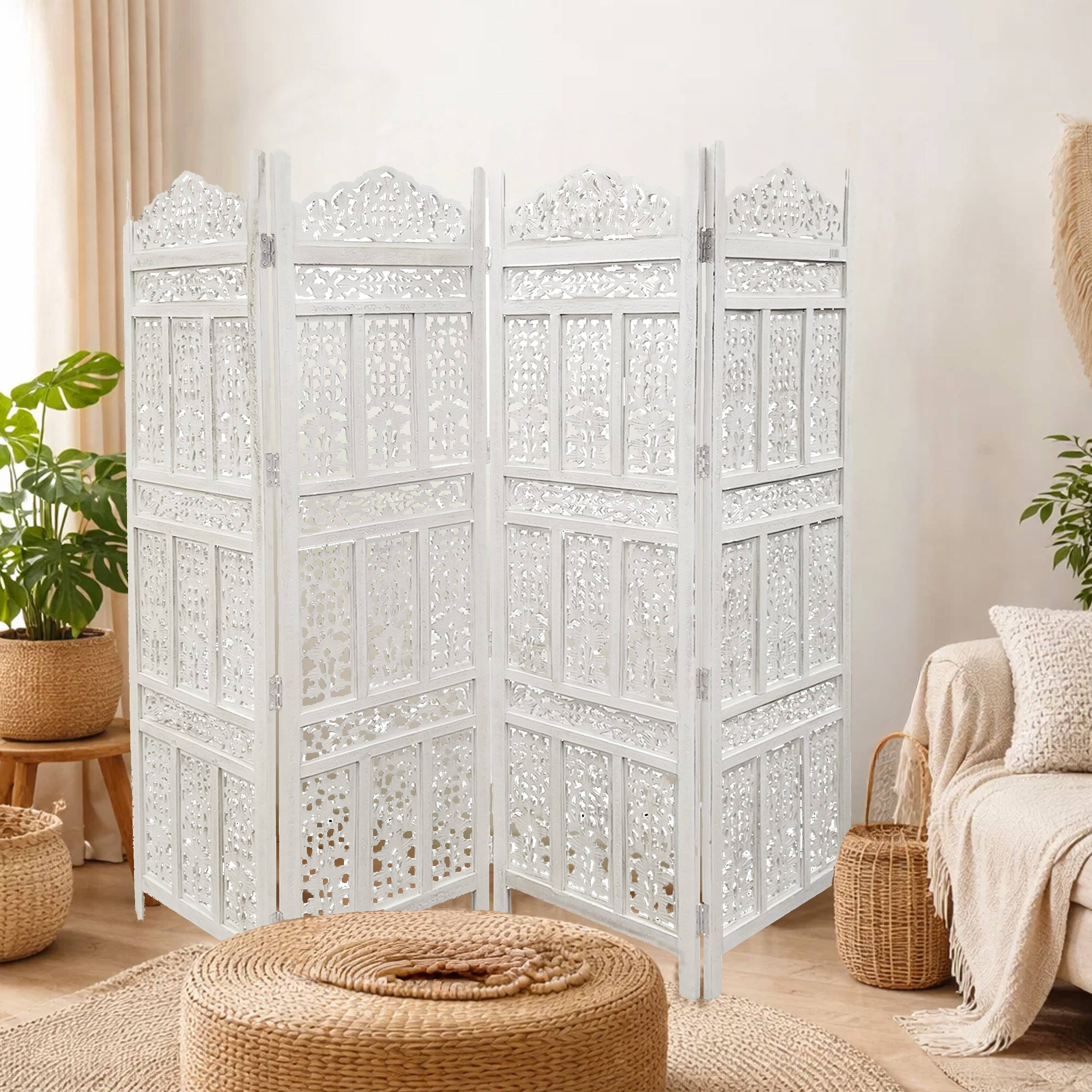 Alt View 4. Manhattan Lane - Aesthetically Carved 4 Panel Wooden Partition Screen/Room Divider - White.