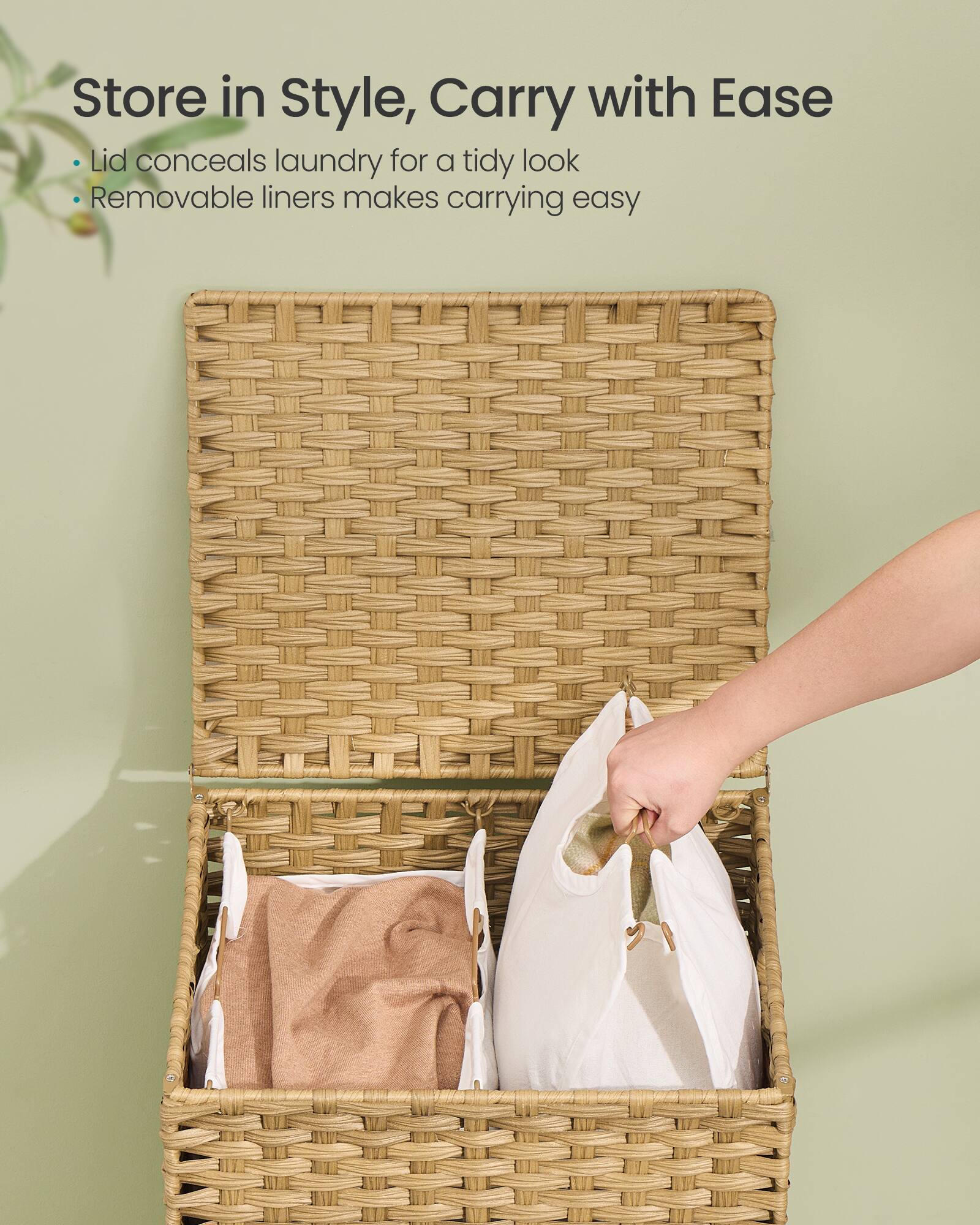 Store in Style, Carry with Ease  
- Lid conceals laundry for a tidy look  
- Removable liners makes carrying easy