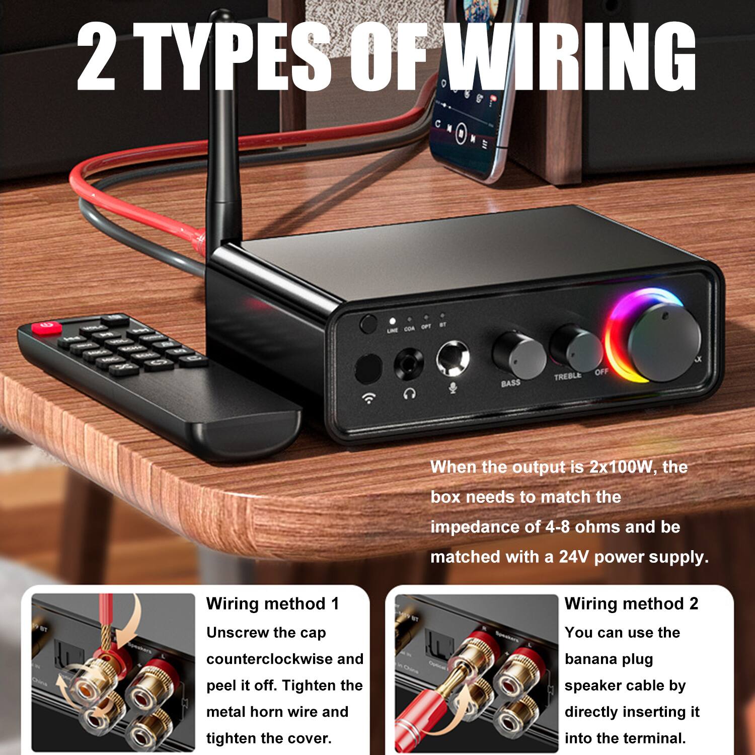 2 TYPES OF WIRING

When the output is 2x100W, the box needs to match the impedance of 4-8 ohms and be matched with a 24V power supply.

Wiring method 1
Unscrew the cap counterclockwise and peel it off. Tighten the metal horn wire and tighten the cover.

Wiring method 2
You can use the banana plug speaker cable by directly inserting it into the terminal.