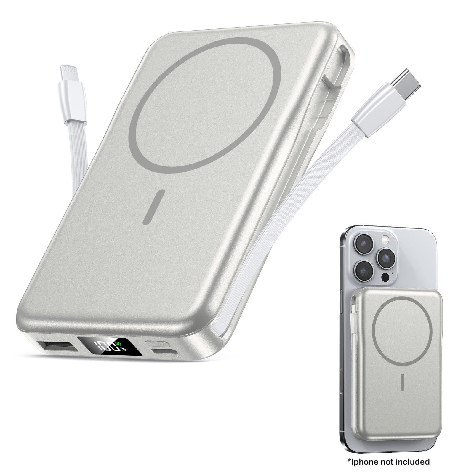 Trigiz - 10000mAh Magnetic Power Bank, 5-in-1 Built-in Cable, 20W Fast Charging for iPhone 13-17 & Samsung - lightgray