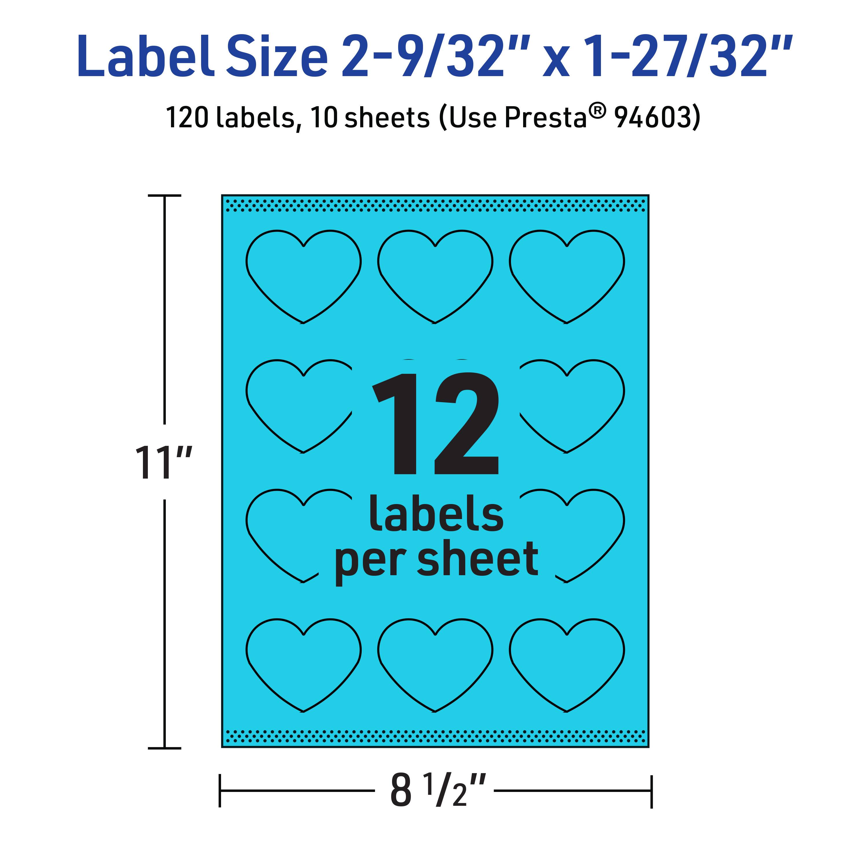 Label Size 2-9/32" x 1-27/32"  
120 labels, 10 sheets (Use Presta® 94603)  
11" x 8 1/2"  
12 labels per sheet