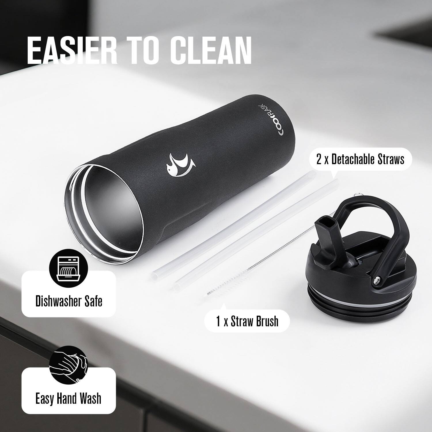 EASIER TO CLEAN

2 x Detachable Straws

1 x Straw Brush

Dishwasher Safe

Easy Hand Wash