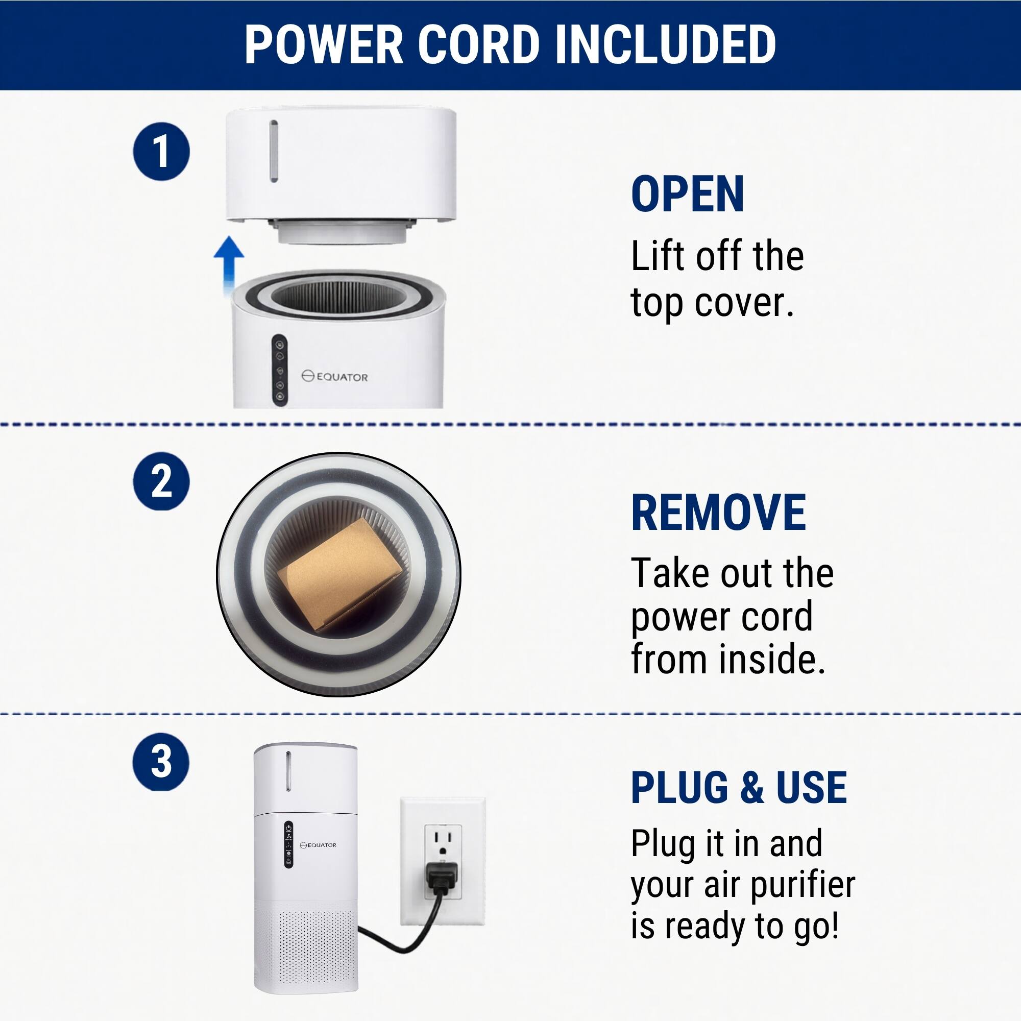 POWER CORD INCLUDED

1 OPEN
Lift off the top cover.

2 REMOVE
Take out the power cord from inside.

3 PLUG & USE
Plug it in and your air purifier is ready to go!
