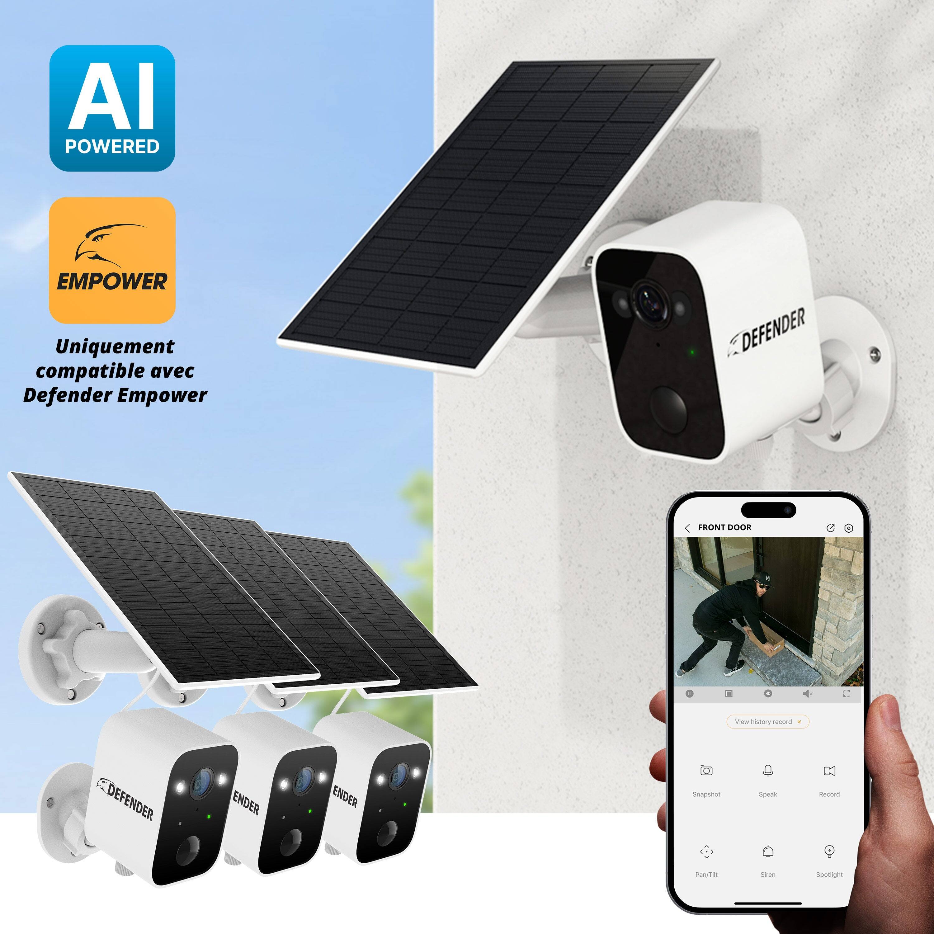 AI POWERED  
EMPOWER  
Uniquement compatible avec Defender Empower  

DEFENDER FRONT DOOR  
Snapshot  
View history record  
Speak  
Record  
Play/Talk  
Siren  
Spotlight