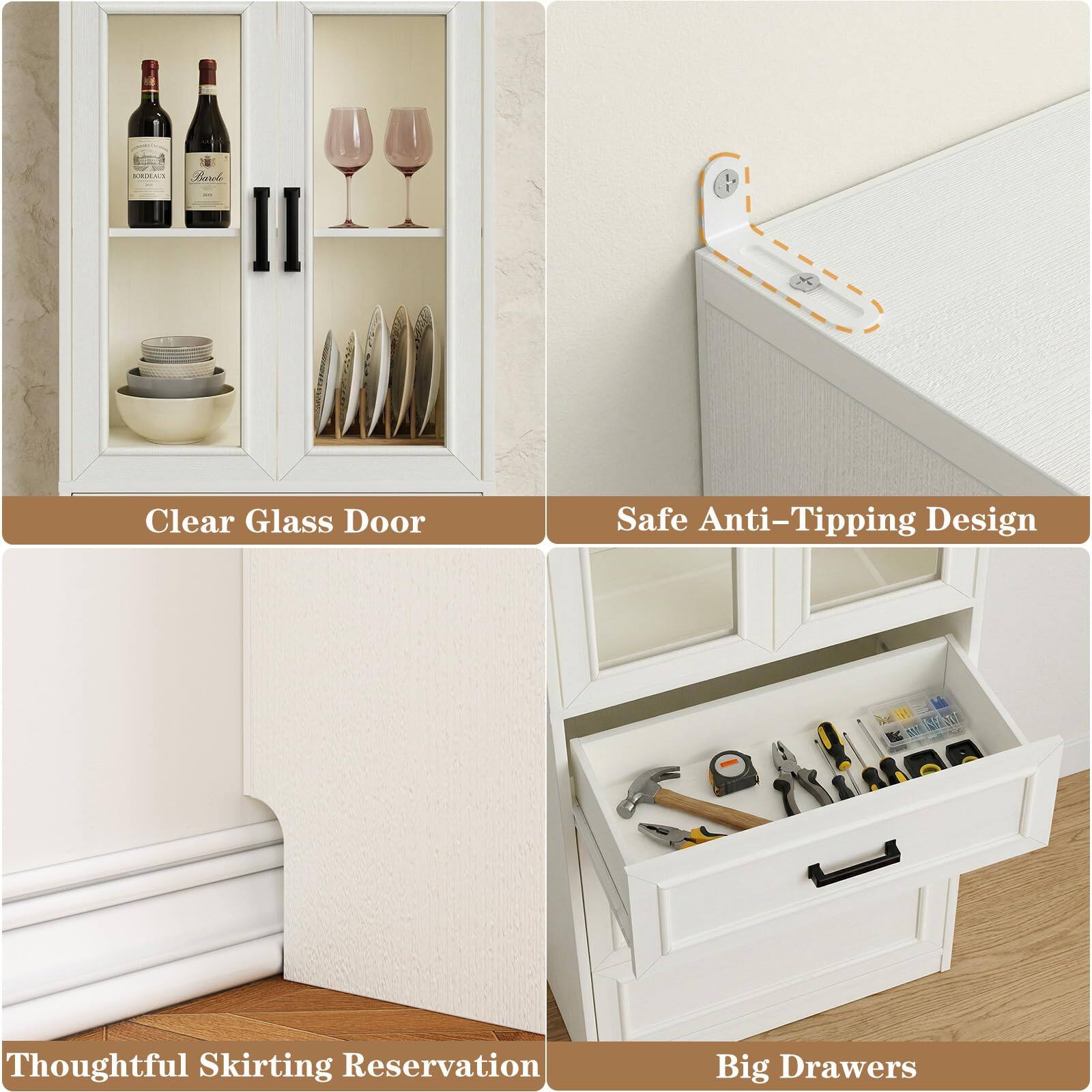 - Clear Glass Door
- Safe Anti-Tipping Design
- Thoughtful Skirting Reservation
- Big Drawers