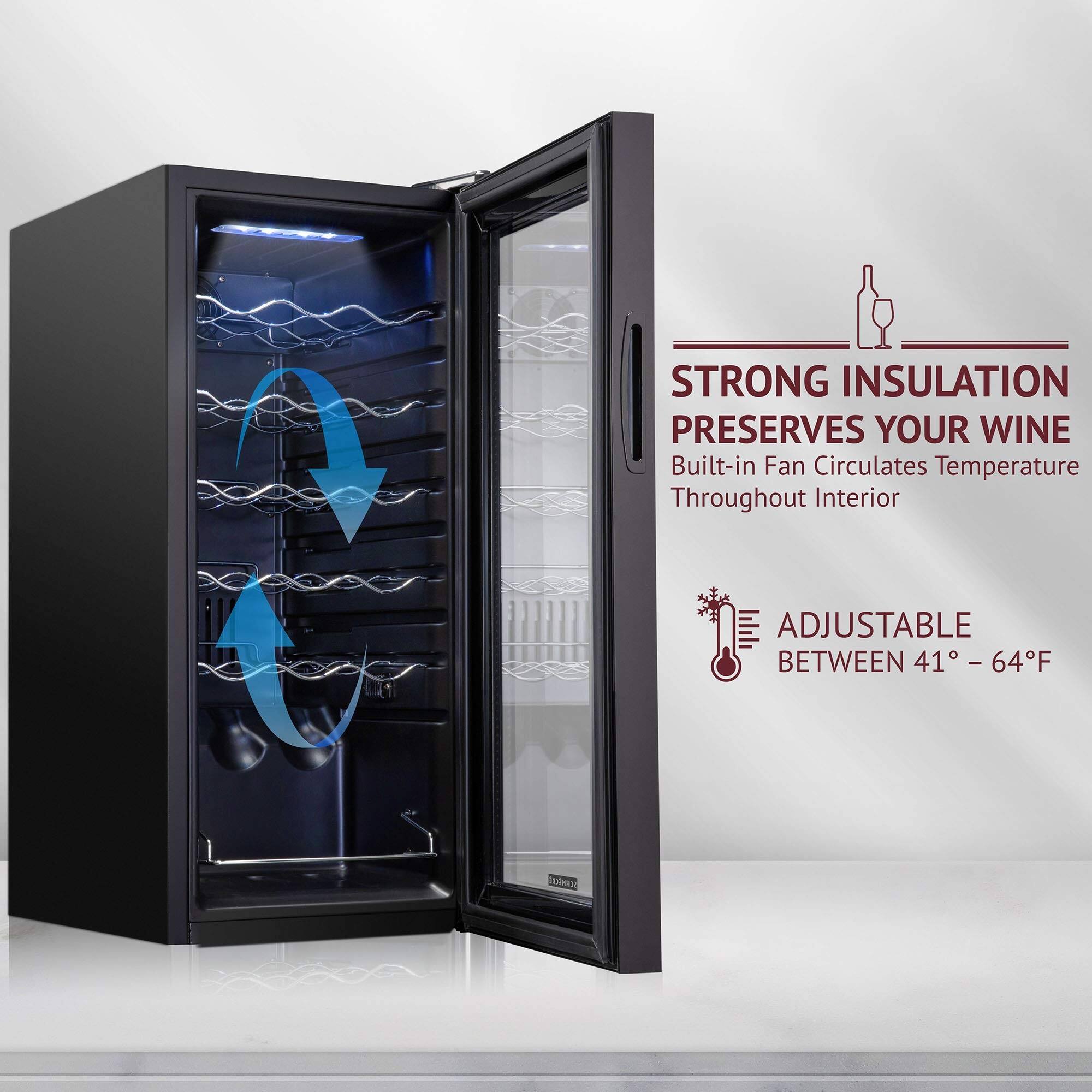 STRONG INSULATION PRESERVES YOUR WINE  
Built-in Fan Circulates Temperature Throughout Interior  

ADJUSTABLE BETWEEN 41° - 64°F