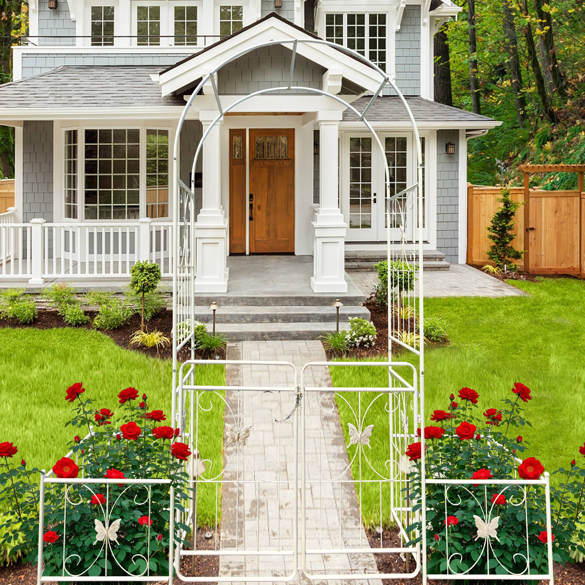 Alt View 4. Loheer - 6.63 ft W x 7.22 ft H Metal Garden Arch with Gate Rose Trellis for Outdoor Garden - Creamy White.