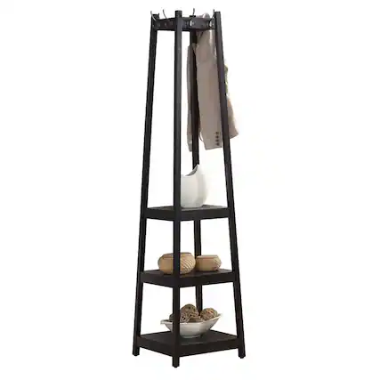 Front. ALEXOUN - Coat Rack with 3-Tier Storage Shelves - Wood, Big Hooks for Coats, Scarves, Jackets, Extra Storage for Home - Black.