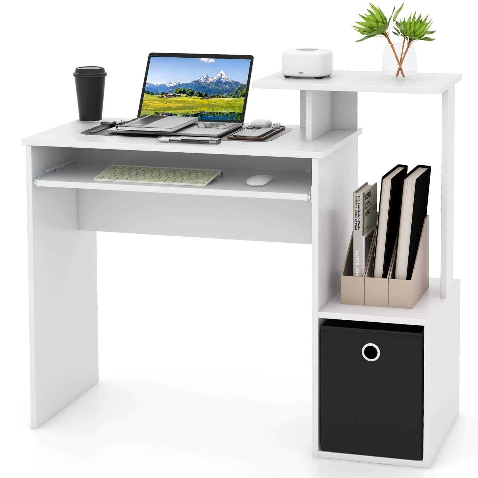 Ecooso - Space-Saving Computer Desk with Pull-Out Keyboard Tray, Compact Workstation for Home Office - White/Black