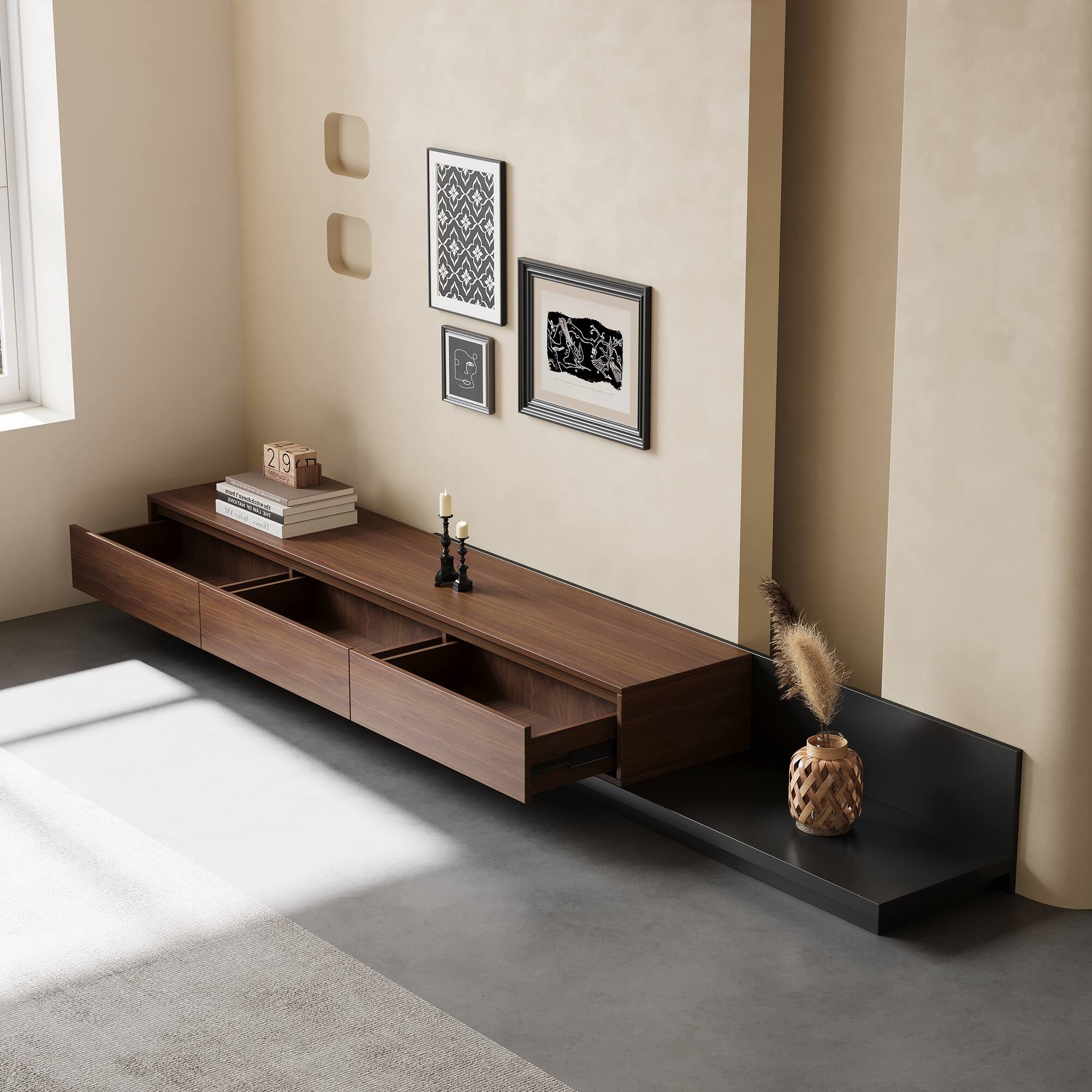 Alt View 1. luck idea - Modern 78.7-Inch Expandable TV Stand with Three Storage Drawers and Wood Grain Decorative Surface - Walnut color.
