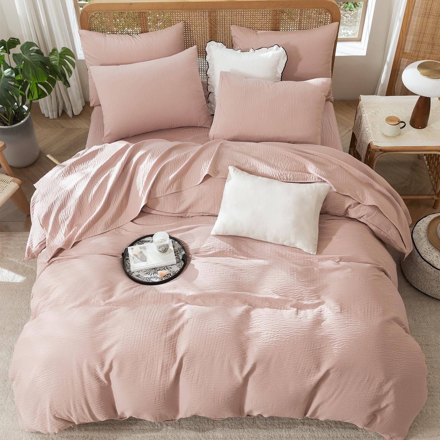 Back. PO3TICJUNKI3 - King Duvet Cover Dusty Luxury Soft Doublelayer Crinkle Gauze 3 Pieces Bedding For Allseason Breathable With - White Striped (No Comforter)-Queen (90" x 90").