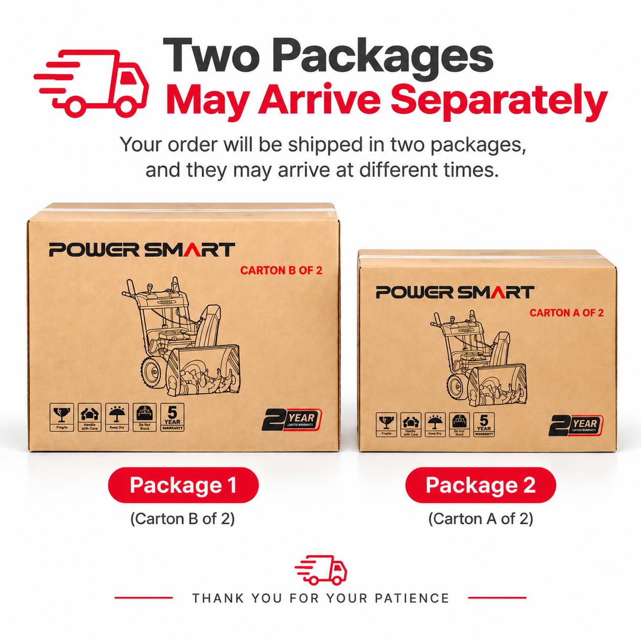 Two Packages May Arrive Separately  
Your order will be shipped in two packages, and they may arrive at different times.

POWER SMART  
CARTON B OF 2  
CARTON A OF 2

Package 1 (Carton B of 2)  
Package 2 (Carton A of 2)

THANK YOU FOR YOUR PATIENCE