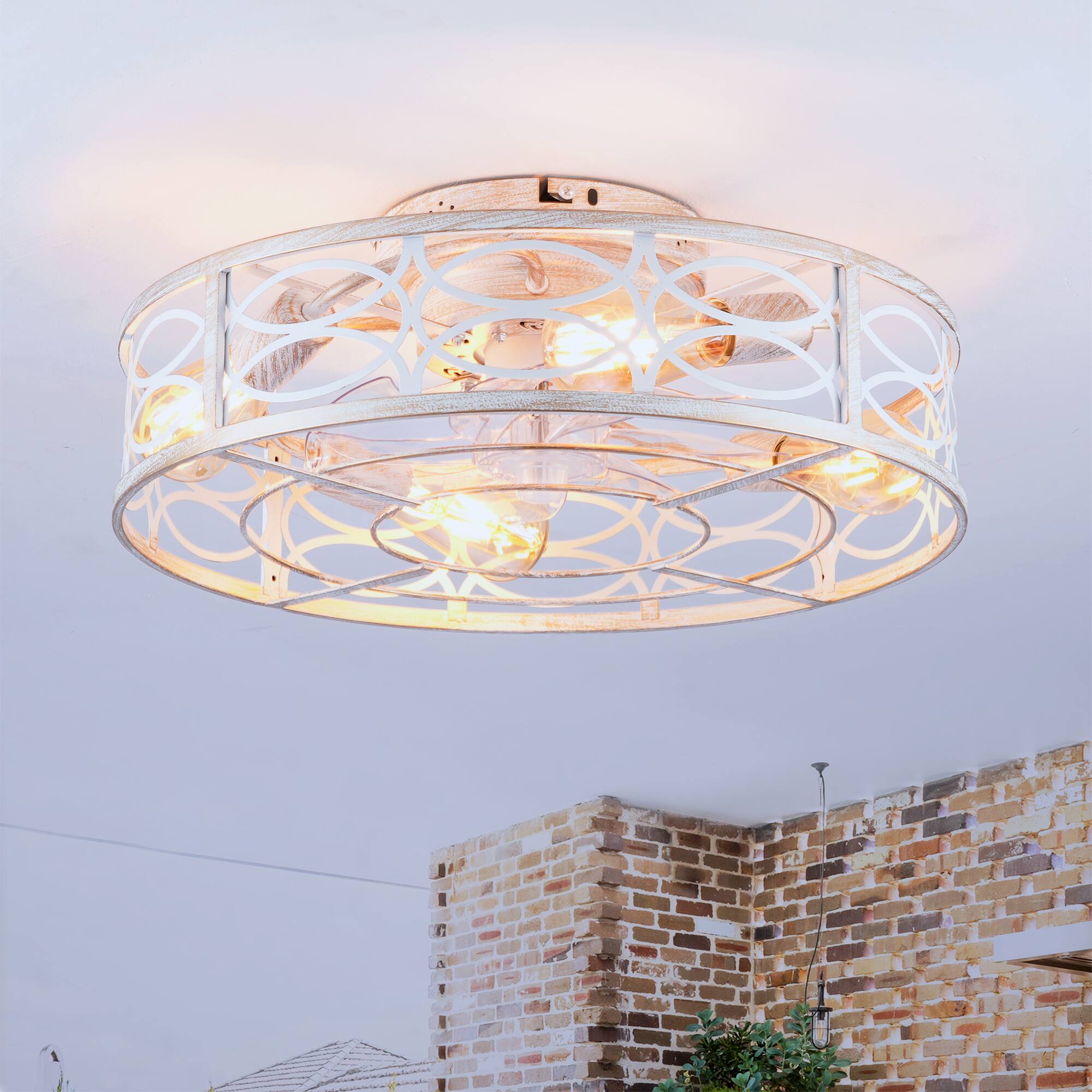 Alt View 6. Sofucor - Farmhouse Ceiling Fans w/ Light Remote Flush Mount Rustic Ceiling Fan Boho Bladeless Country Caged Ceiling Light Fixture - White & Light Gold.