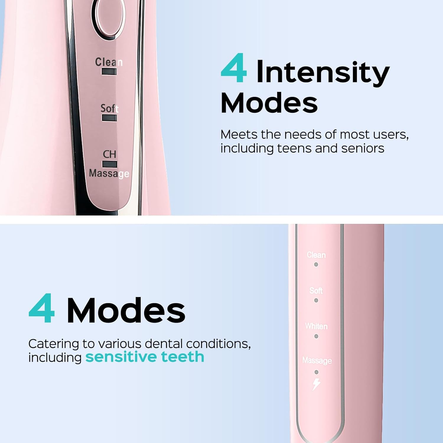 Clean Soft CH 4 Intensity Modes Meets the needs of most users, including teens and seniors  
4 Modes Catering to various dental conditions, including sensitive teeth  
Soft Whitening Massage