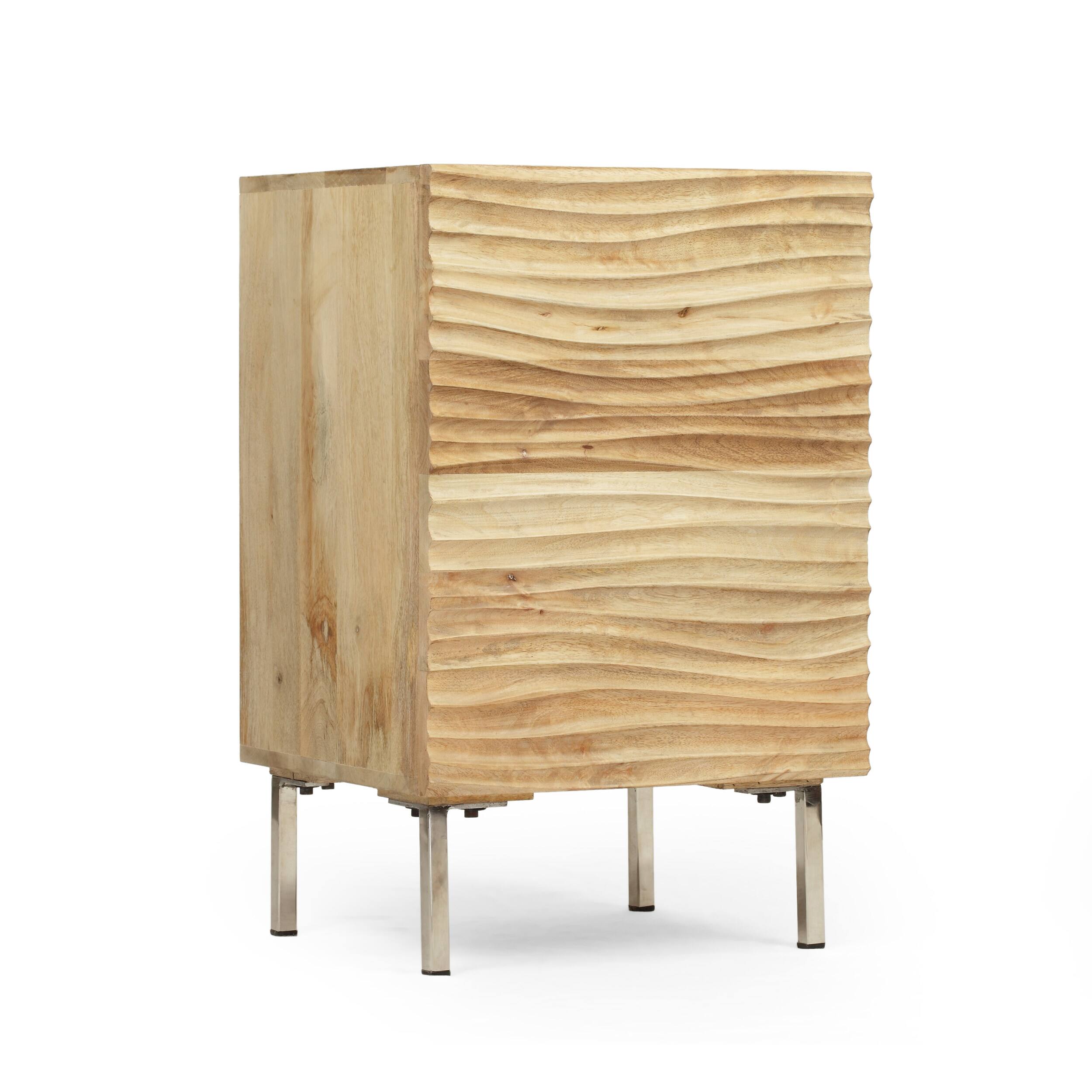 Angle. Whisen - Modern Mango Wood Nightstand, Handcrafted Bedside Table with Wave-Design Door and Iron Legs - Natural.