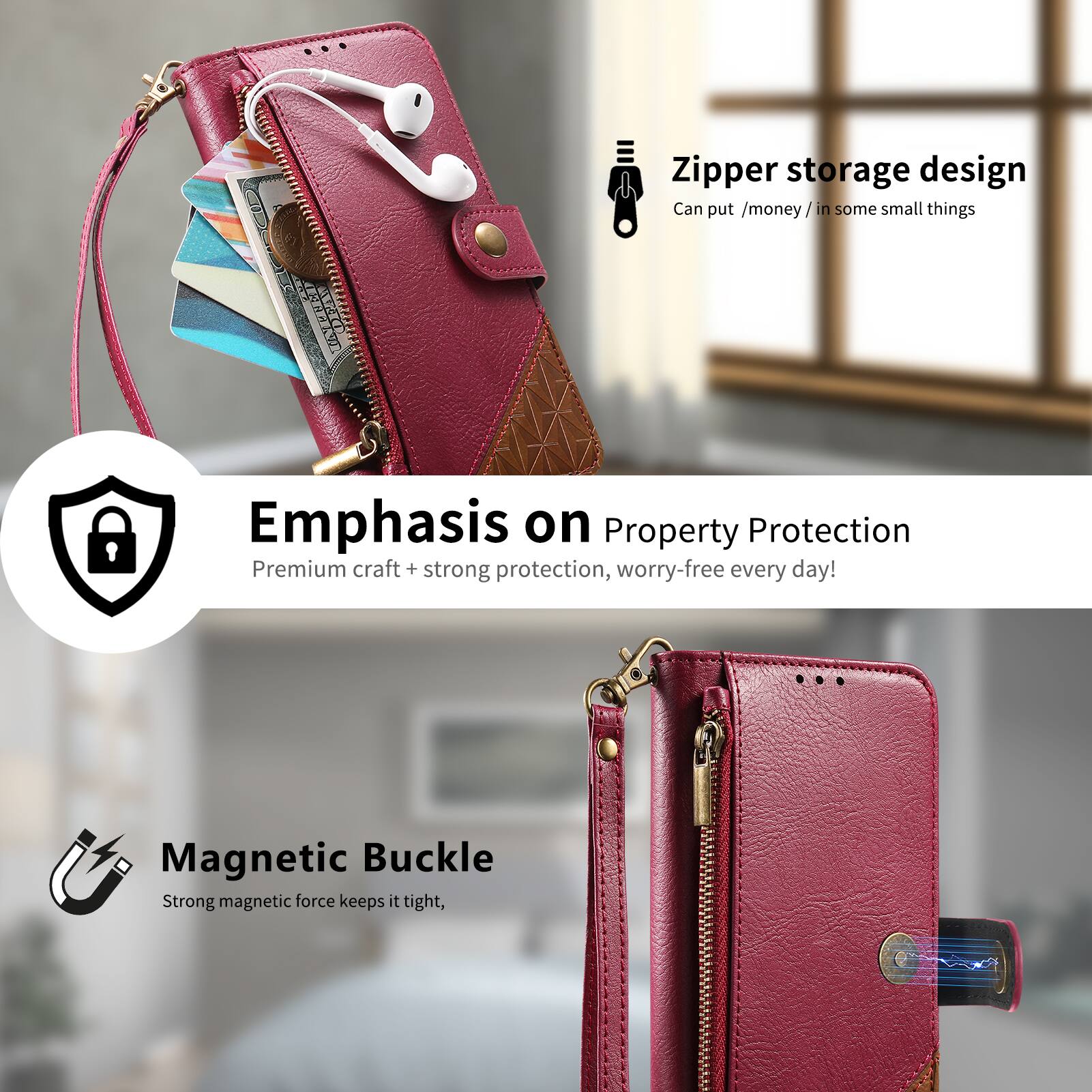 Zipper storage design  
Can put /money /in some small things  

Emphasis on Property Protection  
Premium craft + strong protection, worry-free every day!  

Magnetic Buckle  
Strong magnetic force keeps it tight,
