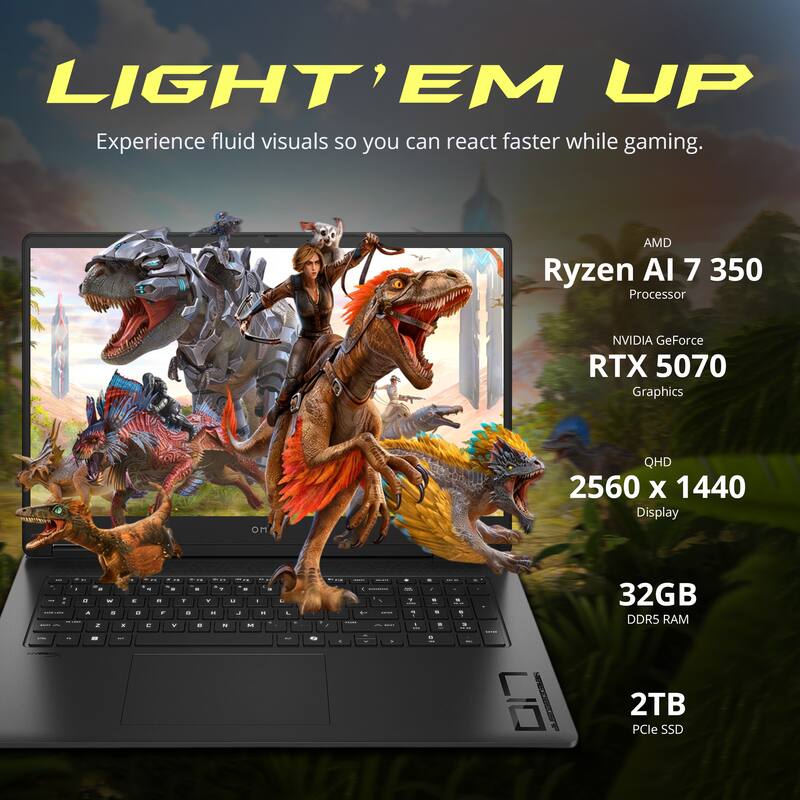 LIGHT' EM UP  
Experience fluid visuals so you can react faster while gaming.  

AMD Ryzen AI 7 350 Processor  
NVIDIA GeForce RTX 5070 Graphics  
QHD 2560 x 1440 Display  
32GB DDR5 RAM  
2TB PCIe SSD