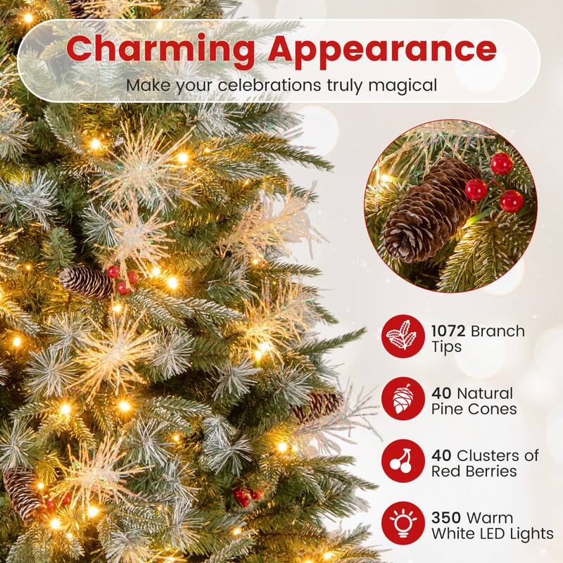 Charming Appearance  
Make your celebrations truly magical

1072 Branch Tips  
40 Natural Pine Cones  
40 Clusters of Red Berries  
350 Warm White LED Lights