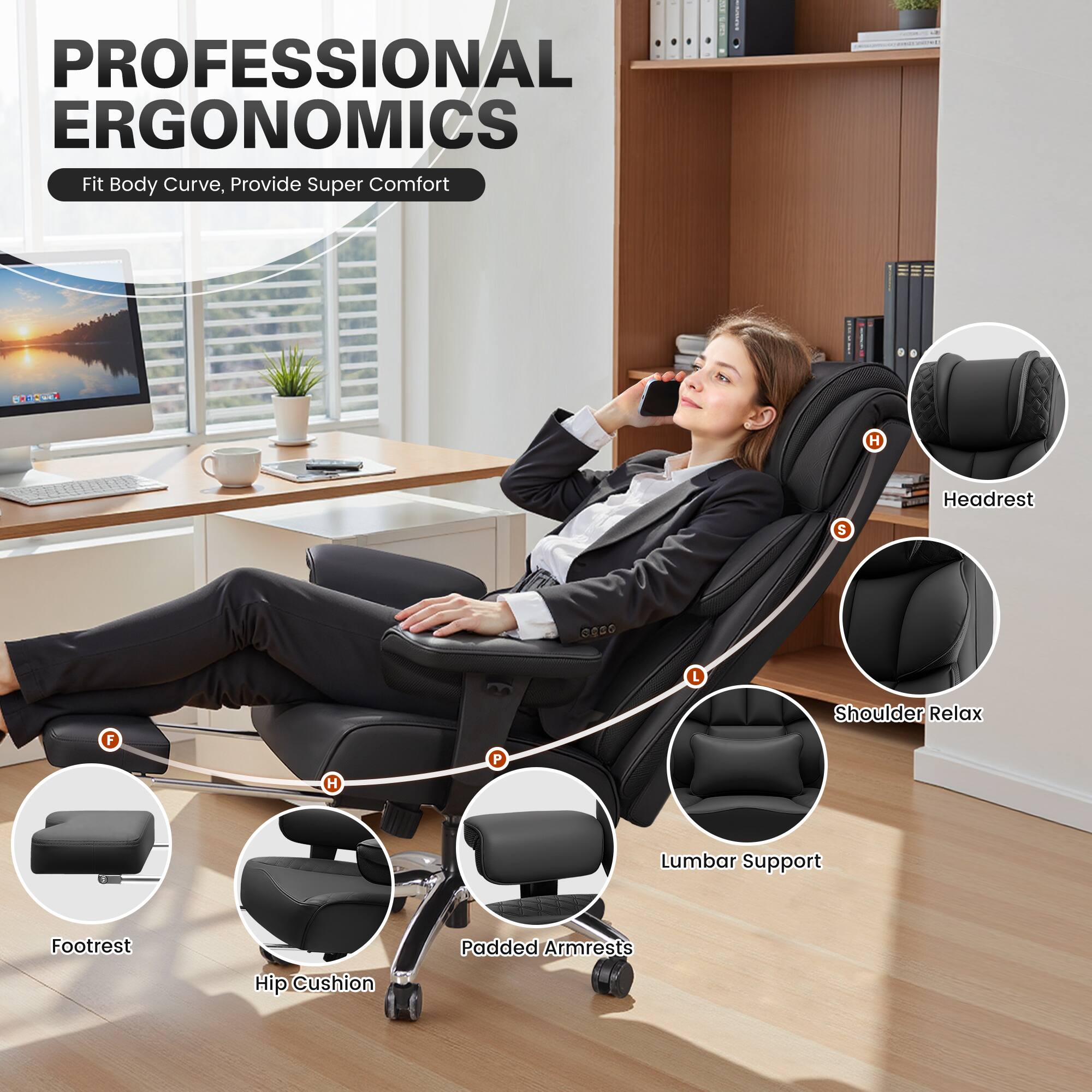 PROFESSIONAL ERGONOMICS Fit Body Curve, Provide Super Comfort

R - Headrest
S - Shoulder Relax
L - Lumbar Support
F - Footrest
P - Padded Armrests
H - Hip Cushion