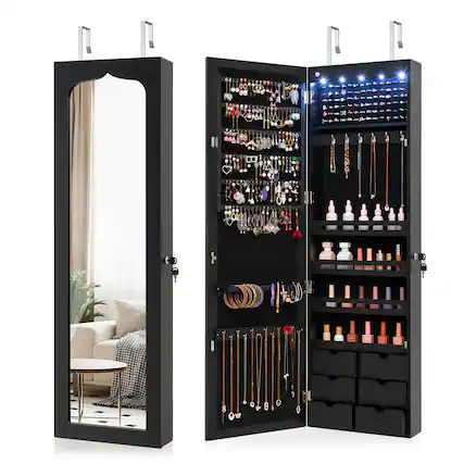 Front. Gymax - Gymax Wall Door Mounted LED Mirror Jewelry Cabinet Lockable Armoire w/6 Drawers Black - MDF.