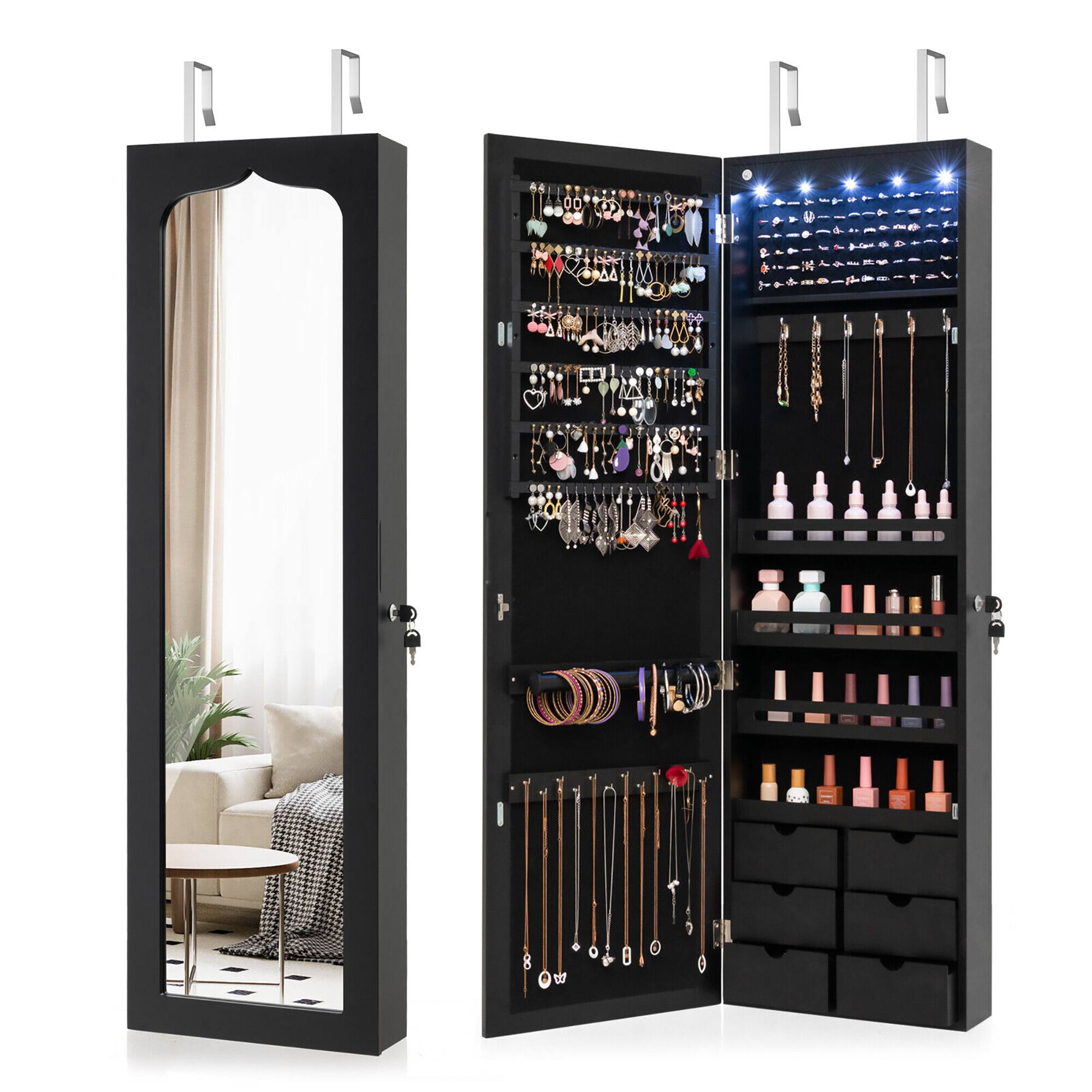 Gymax - Wall Door Mounted LED Mirror Jewelry Cabinet Lockable Armoire w/6 Drawers Black - MDF