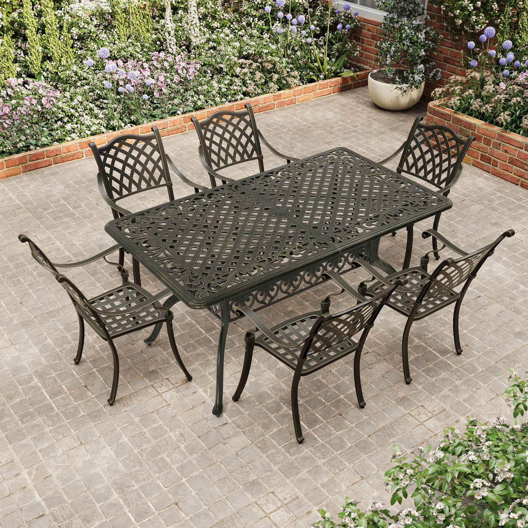 Angle. Mondawe - 7-Piece Cast Aluminum Dining Set with Rectangle Table and 6 Checkered Weave Chairs - Bronze.