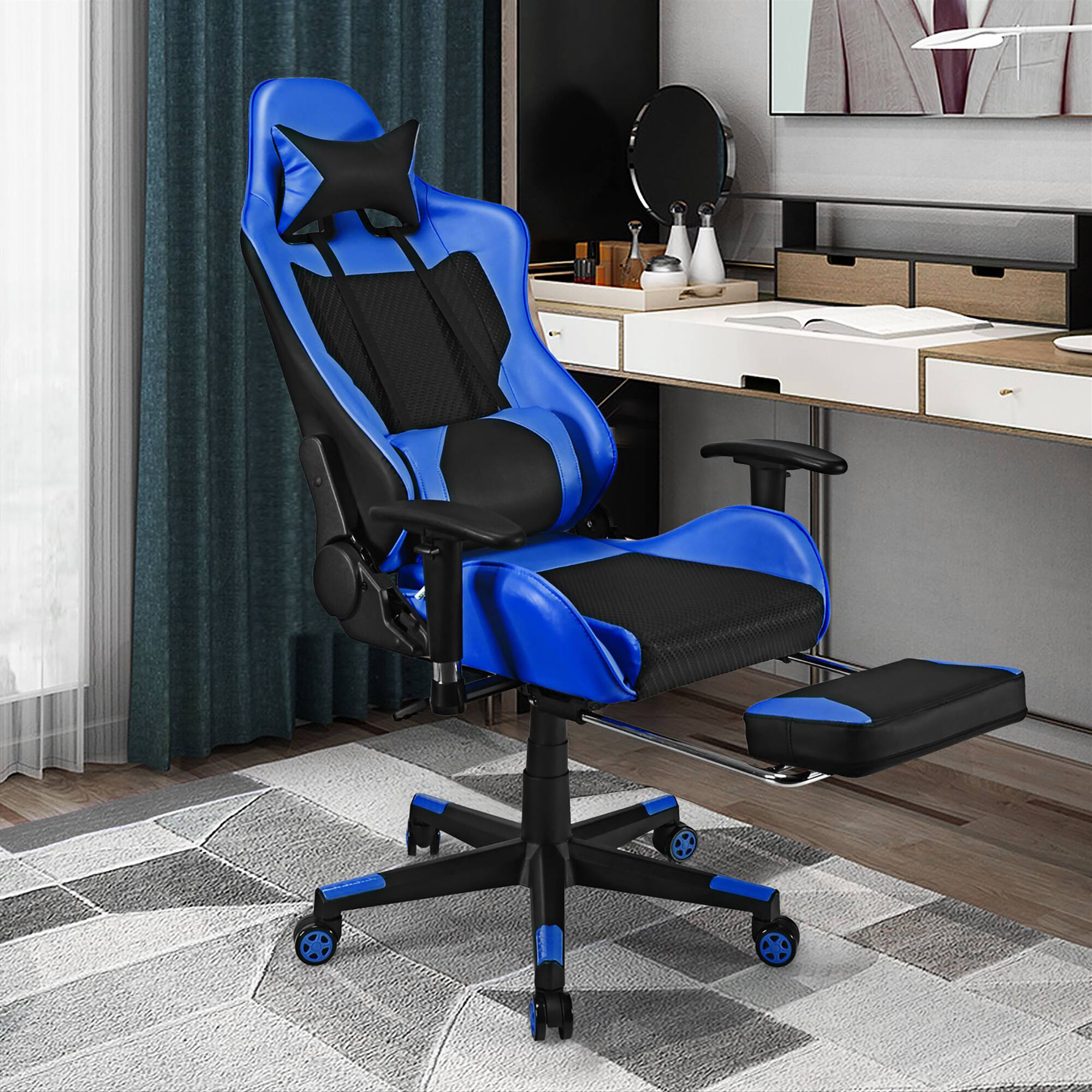 Alt View 11. Costway - Racing Massage Gaming Chair with Footrest - Blue + Black.