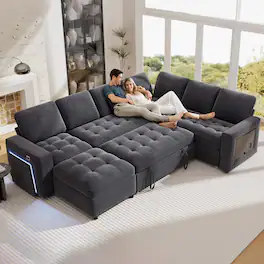 Dyonery - 7-Seat Modular Sectional Sleeper Sofa with Pull-Out Bed, Reclining Backrest, USB Ports, Table, LED Lights,Gray - Gray