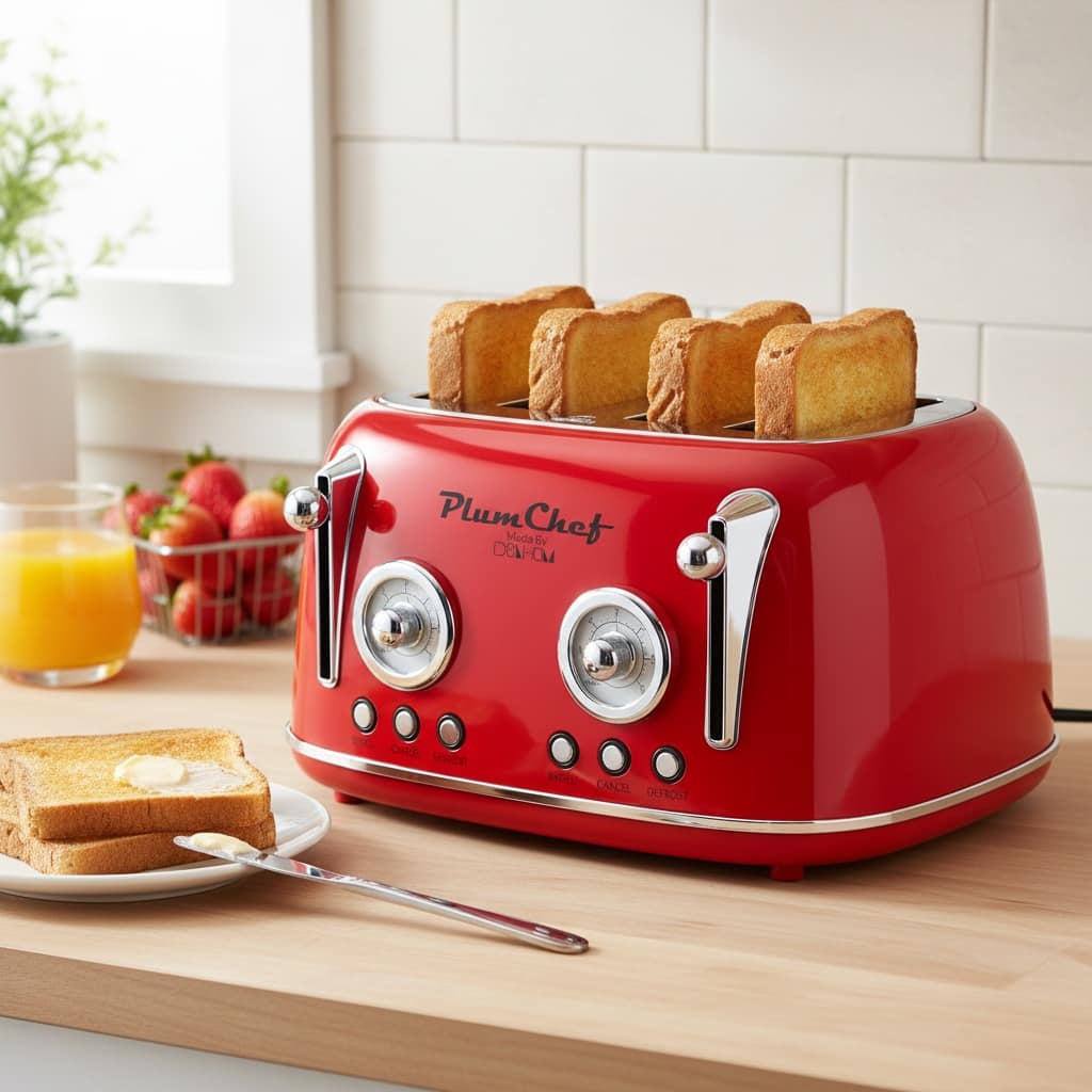 Forest'nSky - 4-Slice Retro Toaster - Dual Control, 1650W, 6 Settings, Bagel/Defrost, Removable Crumb Tray - Red