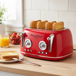 Forest'nSky - 4-Slice Retro Toaster - Dual Control, 1650W, 6 Settings, Bagel/Defrost, Removable Crumb Tray - Red