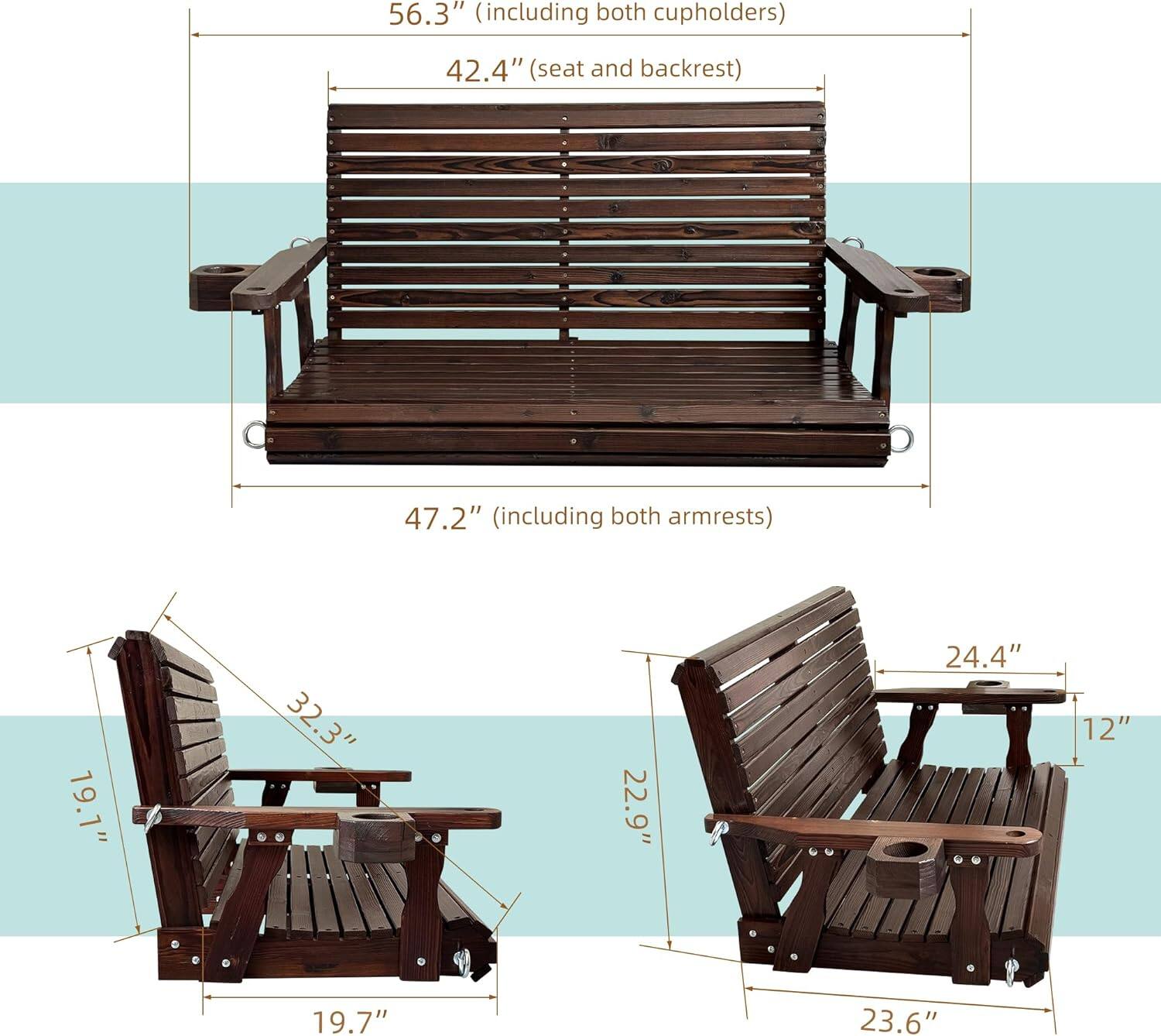 56.3" (including both cupholders)  
42.4" (seat and backrest)  
47.2" (including both armrests)  
19.1"  
32.3"  
22.9"  
24.4"  
12"  
19.7"  
23.6"