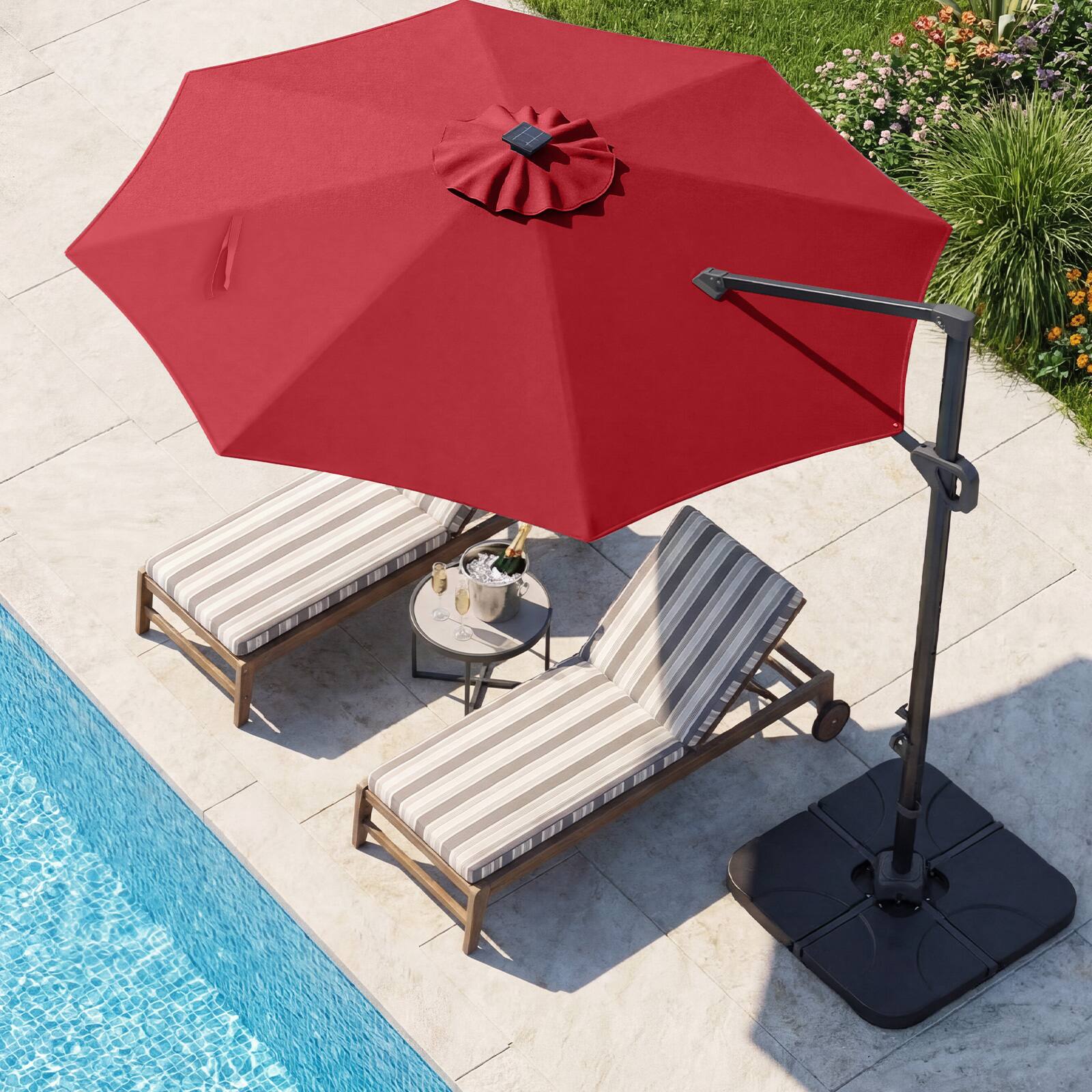 Alt View 4. Costway - Costway 10 FT Cantilever Patio Umbrella with 35 Solar LED Lights 220 LBS Base 360° Rotation - Wine + Black.