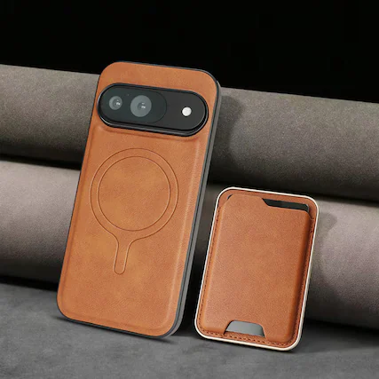 Front. Dteck - Shockproof PU Leather Wallet Phone Case for Google Pixel 11 Pro XL, Detachable Magnetic Card Holder Protective Cover - Brown.