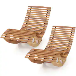 Gymax - 2PCS Outdoor Chaise Lounge w/ High Back Slatted Seat Stopper Outside Wood Rocker - Natural