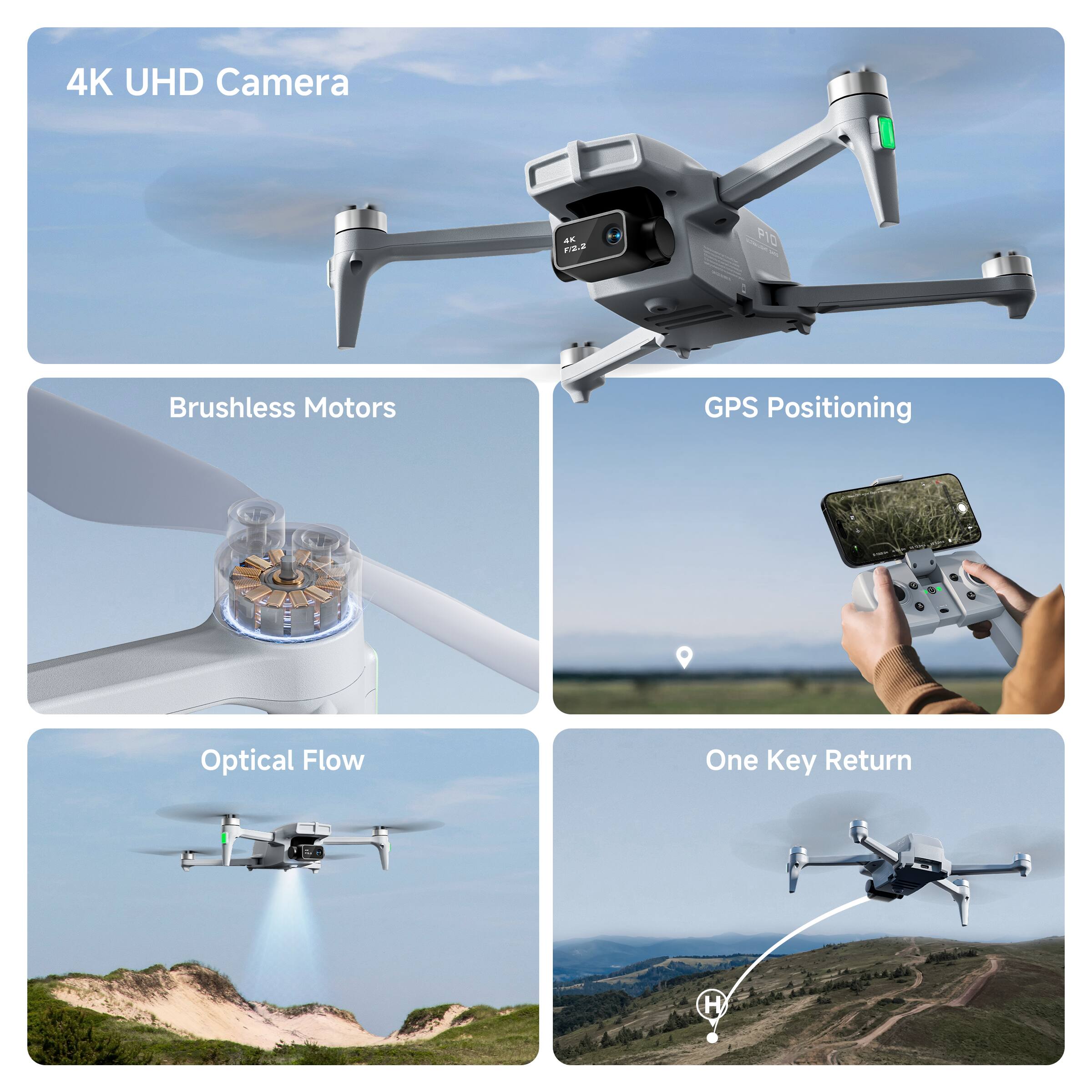 4K UHD Camera

Brushless Motors

GPS Positioning

Optical Flow

One Key Return
