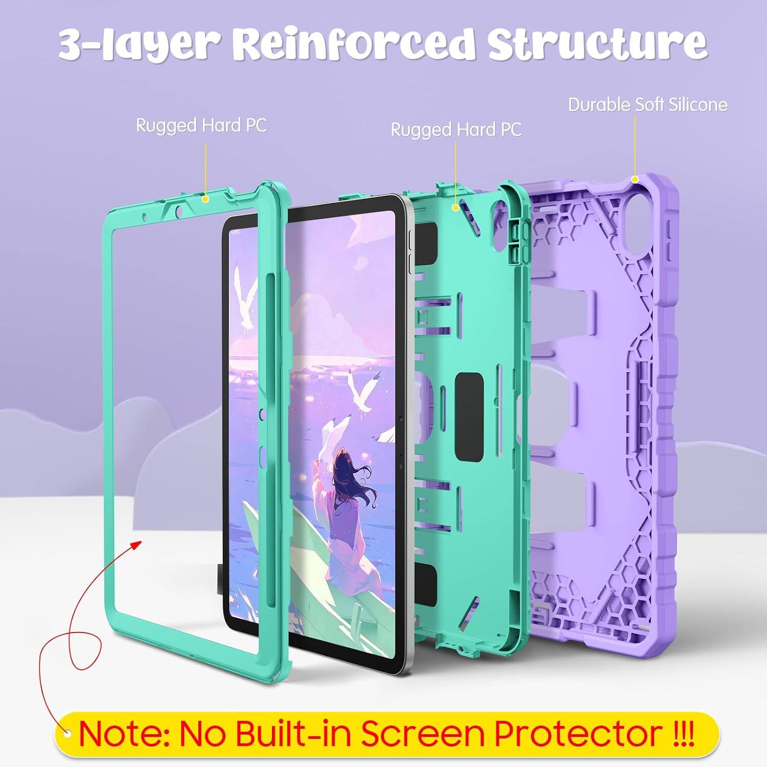 3-layer Reinforced Structure  
Rugged Hard PC  
Rugged Hard PC  
Durable Soft Silicone  
Note: No Built-in Screen Protector !!!