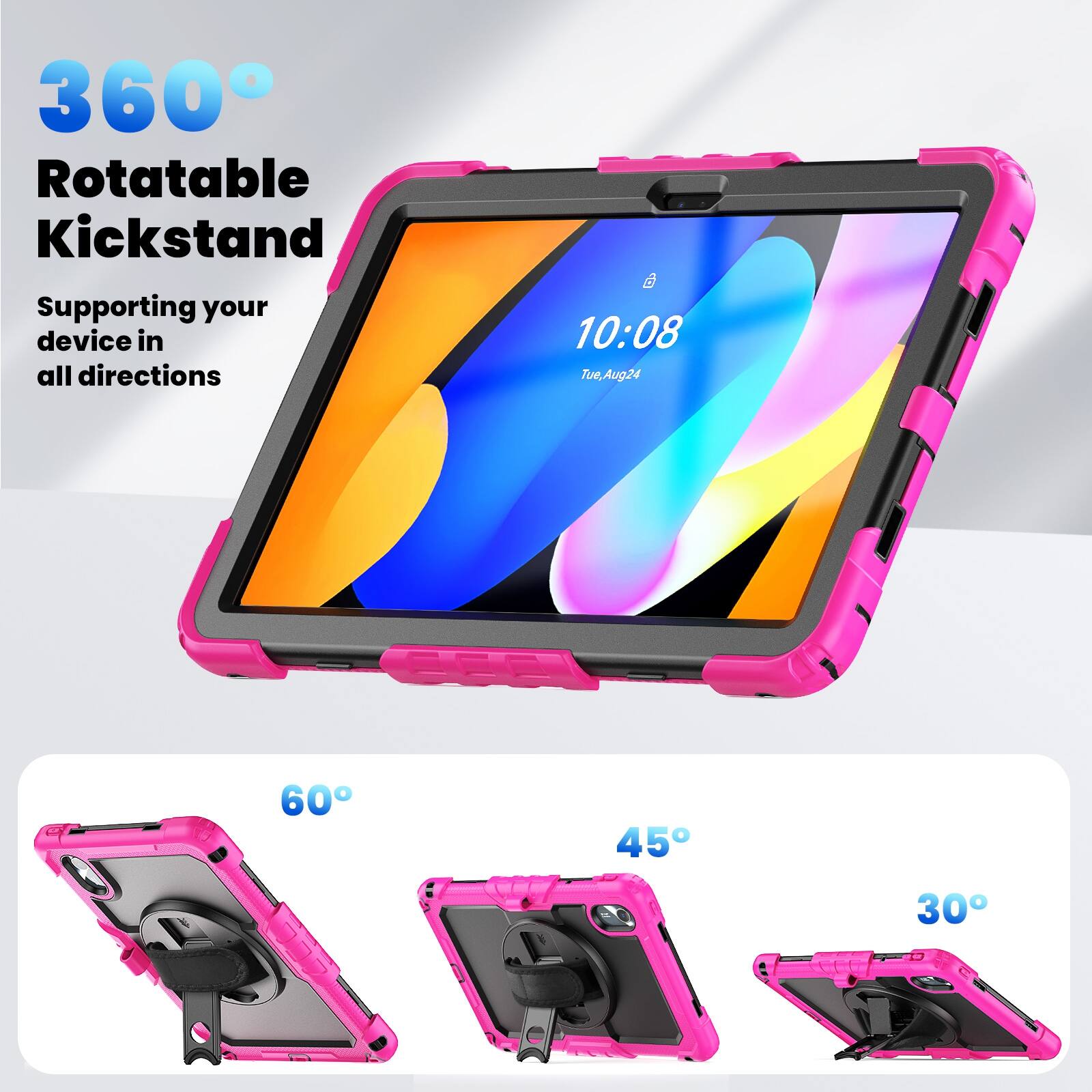 360° Rotatable Kickstand  
Supporting your device in all directions  

10:08  
Tue, Aug 24  

60°  
45°  
30°