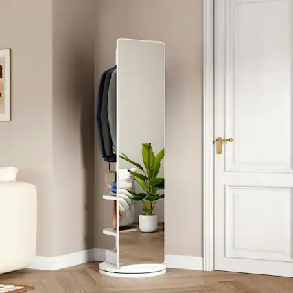 Front. Kadyn - 66"x14" 360° Rotating Multifunctional Mirror, Solid Wood Mirror with Hook Storage & Coat Rack for Bedroom/Cloakroom.