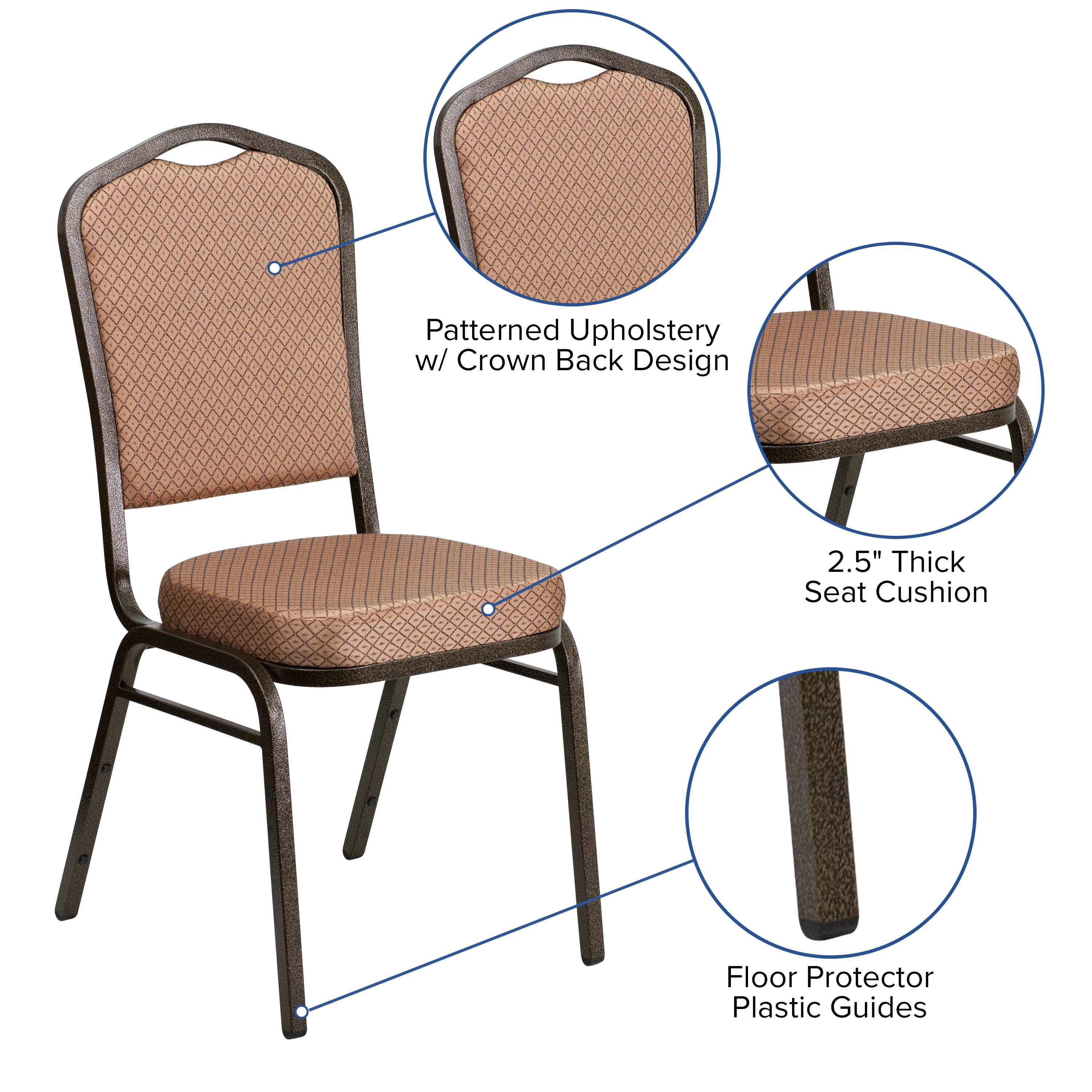 Patterned Upholstery w/ Crown Back Design  
2.5" Thick Seat Cushion  
Floor Protector Plastic Guides