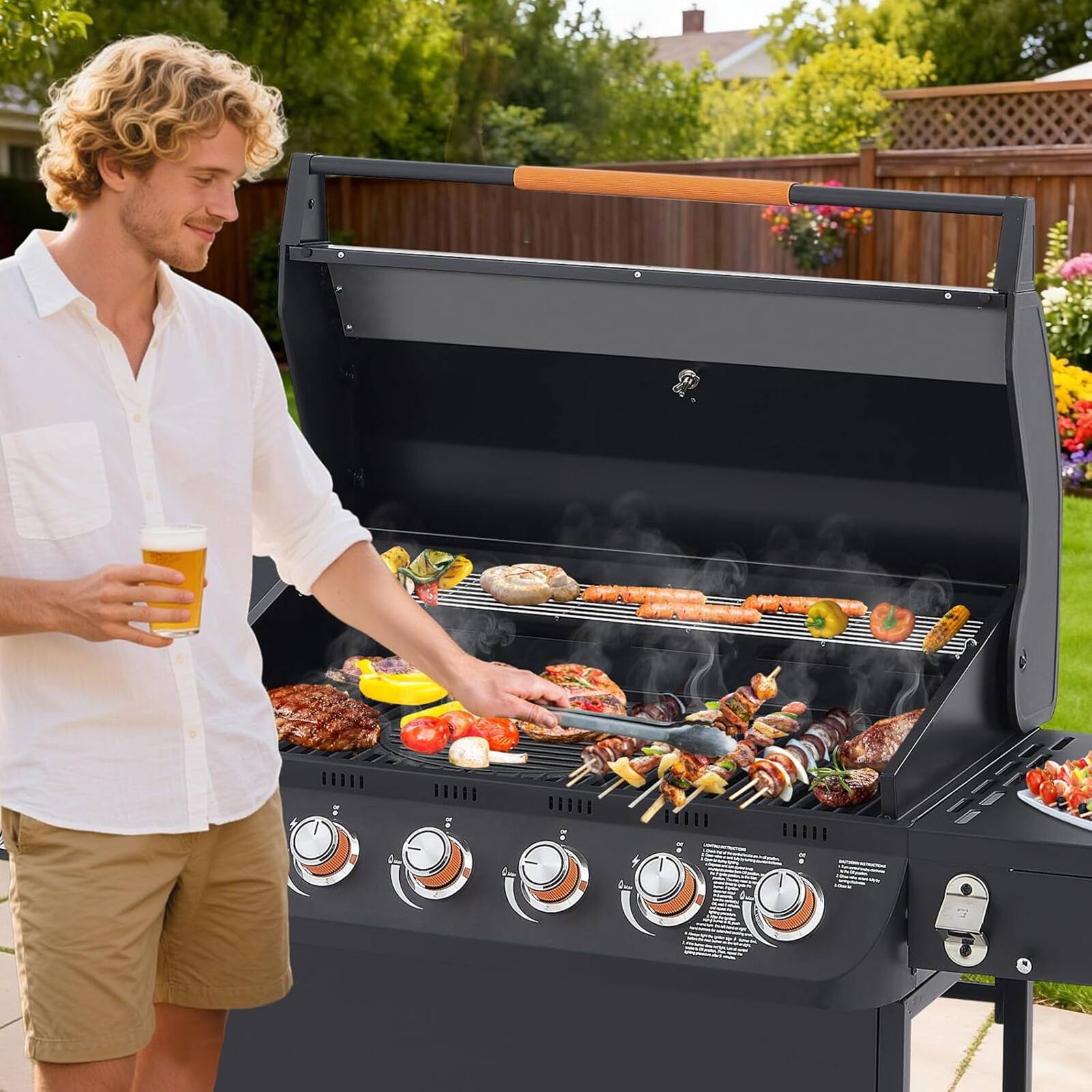 Alt View 6. Chateau Abodes - 6-Burner Propane Gas Grill with Side Burner, 72000 BTU, Porcelain-Enameled Cast Iron Grates for Outdoor, Patio - Black.