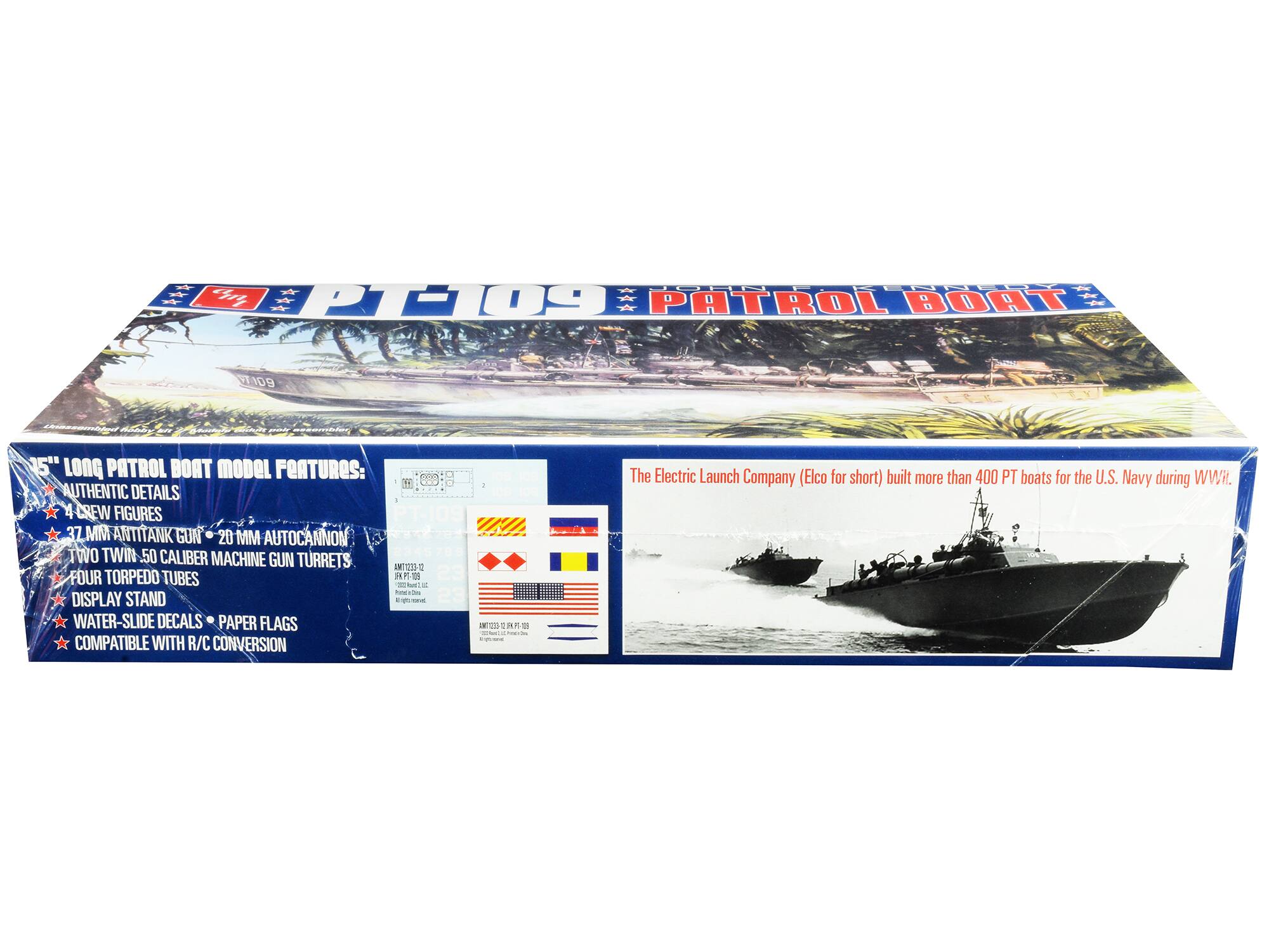 - PT 109 PATROL BOAT
- 45" LONG PATROL BOAT MODEL FEATURES:
  - AUTHENTIC DETAILS
  - 4 CREW FIGURES
  - 37 MM ANTITANK GUN
  - 20 MM AUTOCANNON
  - TWO TWIN 50 CALIBER MACHINE GUN TURRETS
  - FOUR TORPEDO TUBES
  - DISPLAY STAND
  - WATER-SLIDE DECALS
  - PAPER FLAGS
  - COMPATIBLE WITH R/C CONVERSION
- The Electric Launch Company (Elco for short) built more than 400 PT boats for the U.S. Navy during WWII.