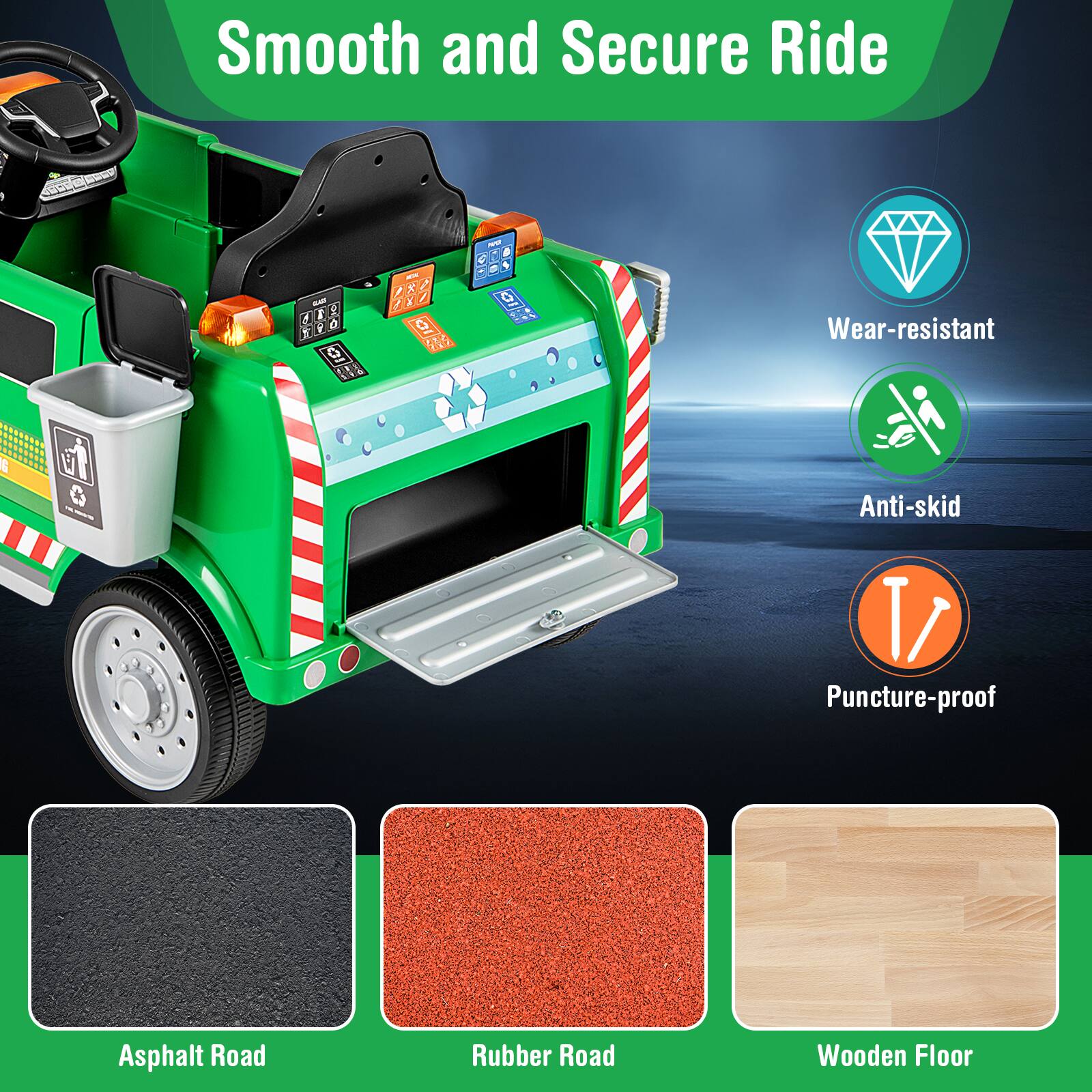 Smooth and Secure Ride

- Wear-resistant
- Anti-skid
- Puncture-proof

Asphalt Road
Rubber Road
Wooden Floor