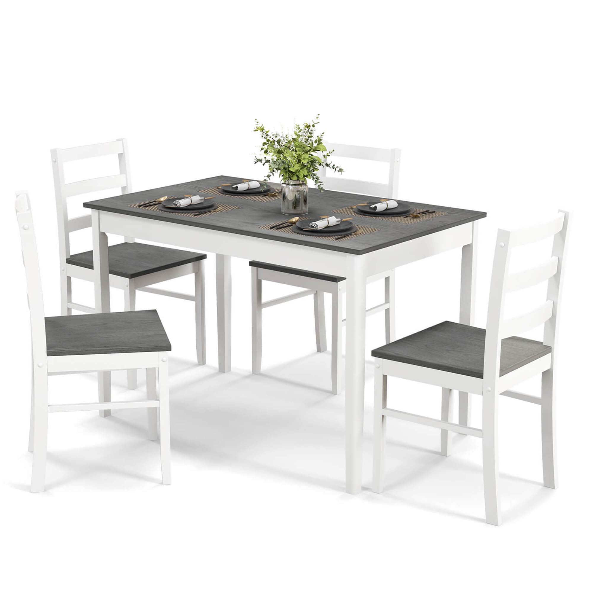 Front. Costway - 5-Piece Dining Set Solid Wood Kitchen Furniture with Rectangular Table & 4 Chairs Grey - Natural and Gray.