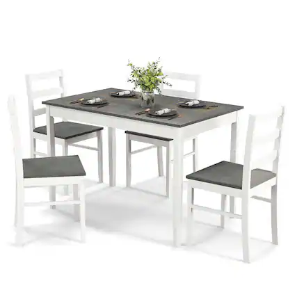 Front. Costway - 5-Piece Dining Set Solid Wood Kitchen Furniture with Rectangular Table & 4 Chairs Grey - Natural and Gray.