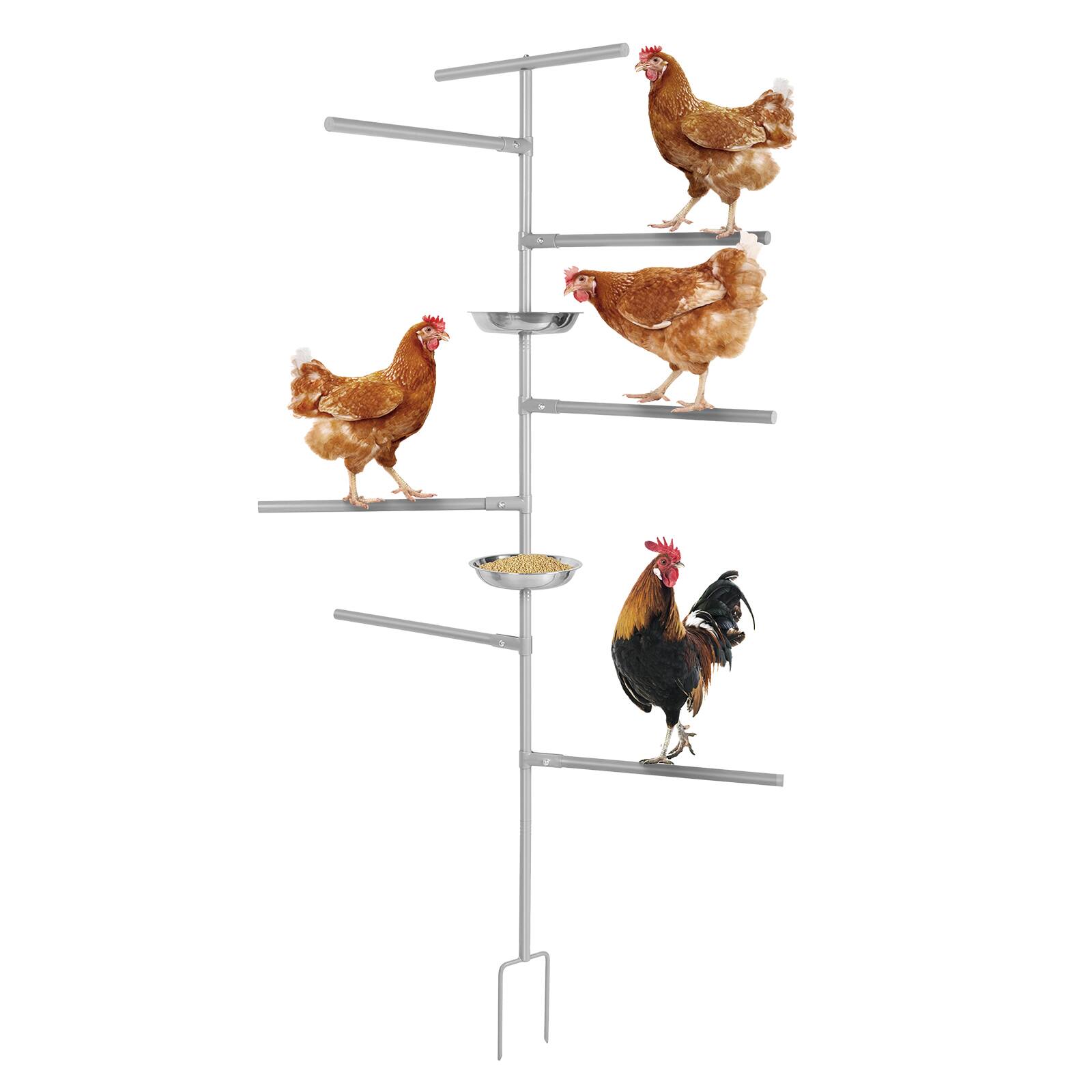 Alt View 1. Oumilen - Grey In-ground Chicken Perch Stand with Multi-level Roosting Bars & Stainless Steel Feeder Bowls - White.