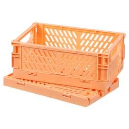 Unique Bargains - 2pcs Small Plastic Storage Baskets, 6"x3.9"x2.4" Stackable Foldable with Handles for Home Office - Light Orange