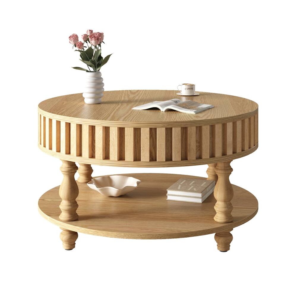 Alt View 8. Loheer - Loheer Mid Century Modern Fluted Coffee Table, Round Center Table with Hidden Storage, 31.5 Inch Natural Wood - Natural Wood.